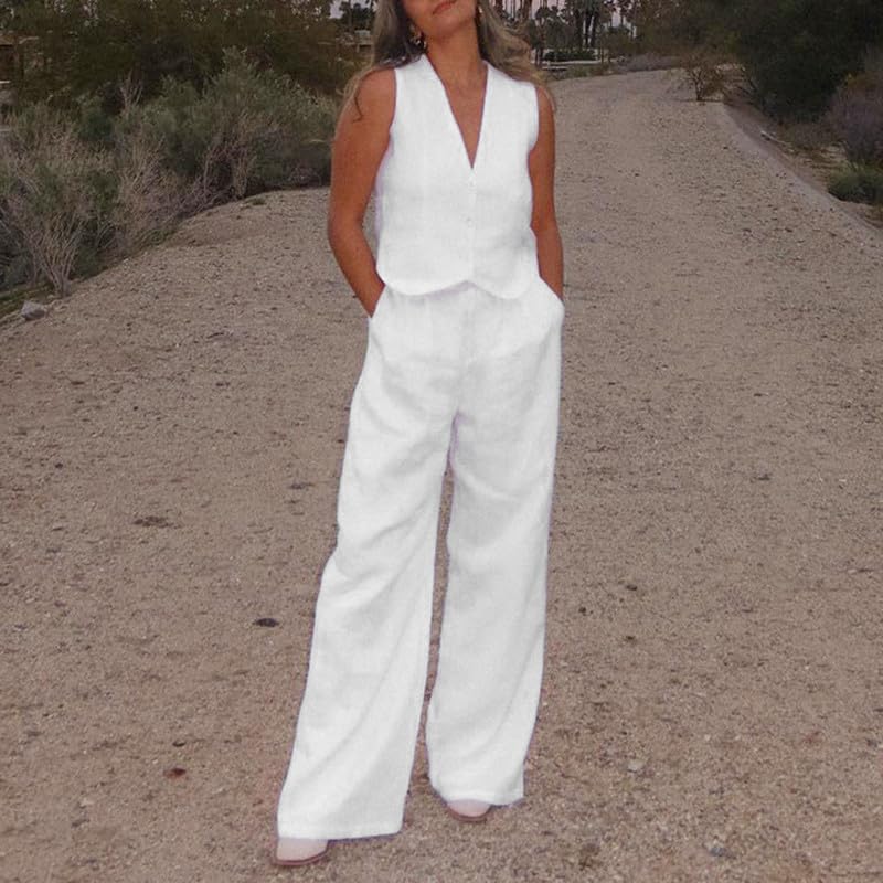 Women's Cotton Linen 2-Piece Suit Set - V-Neck Button Crop Vest & Wide Leg Pants, Casual Blazer Matching Outfit for Work, Office, and Summer Travel
