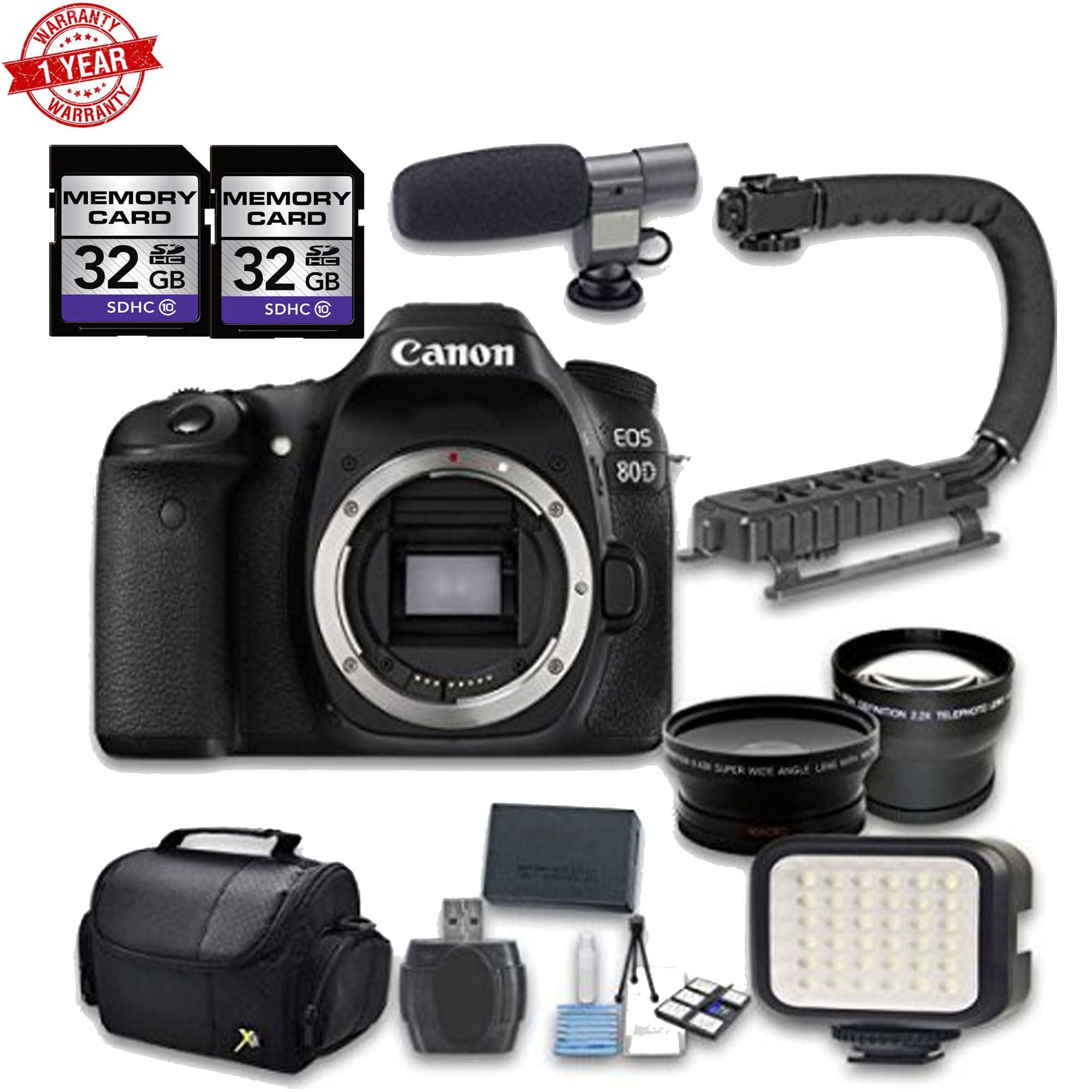 Canon EOS 80D DSLR Camera Bundle with Wide Angle & Telephoto Lenses - Professional Photography Kit Includes LED Light, 64GB Memory Cards, Microphone, Case & Accessories - Perfect for Travel, Vlogging & Portrait Photography
