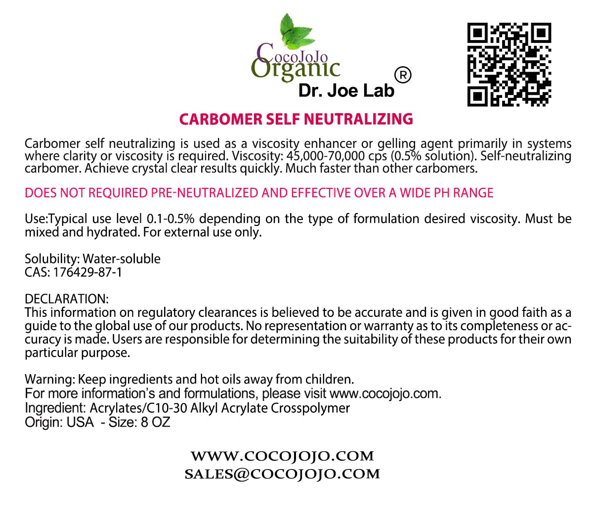 Cocojojo Self Neutralizing Carbomer/Carbopol Powder 8oz - Premium Cosmetic Thickening Agent for Gels, Creams & Lotions | Vegan, Clear Emulsifier for DIY Skincare Formulations | Perfect for Homemade Beauty Products and Professional Use