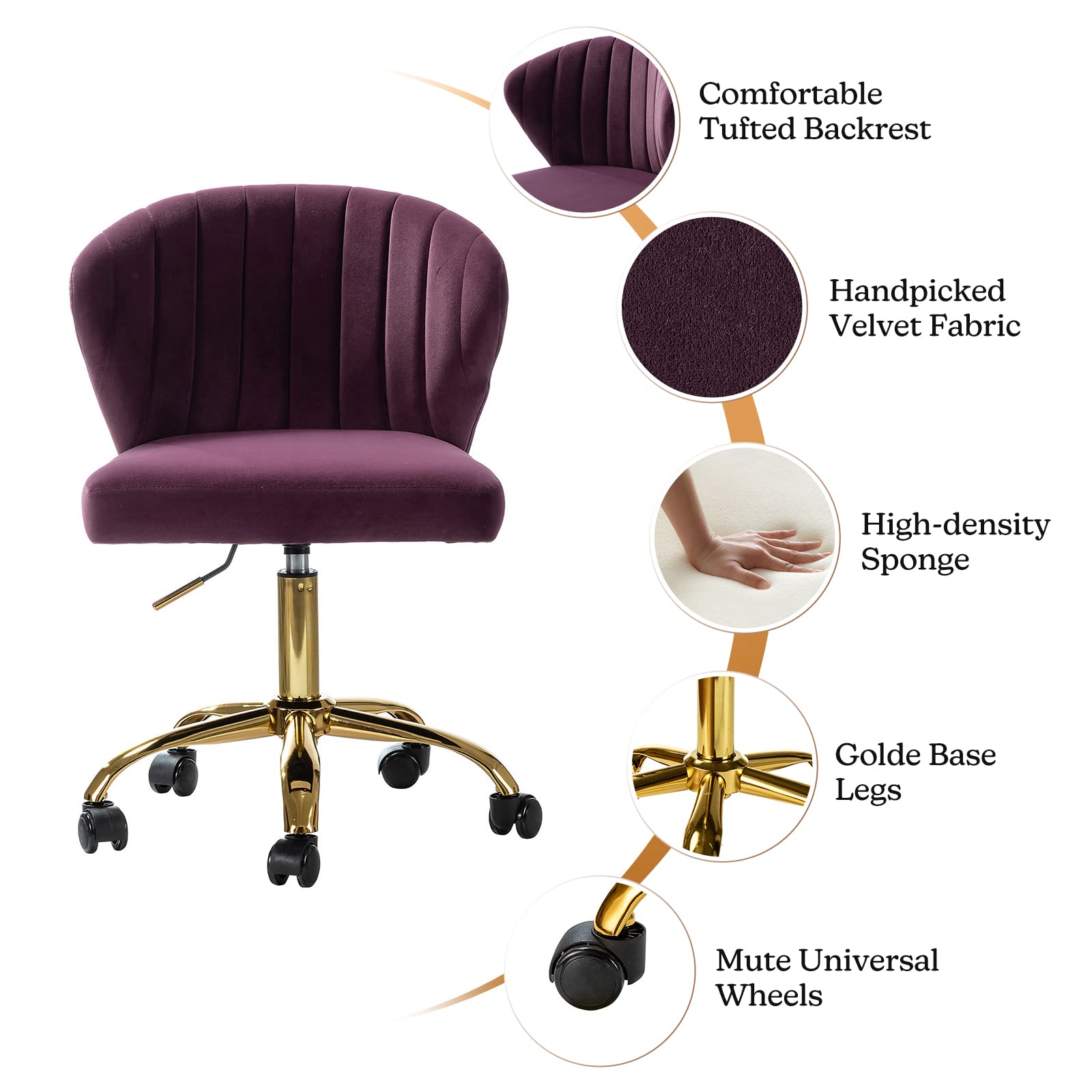 TINA'S HOME Modern Velvet Office Chair with Wheels & Gold Base - Adjustable Low Back Swivel Rolling Task Chair for Home Office, Living Room, Vanity & Study (Purple) - Ergonomic Armless Design for Comfortable Workspace & Study Sessions