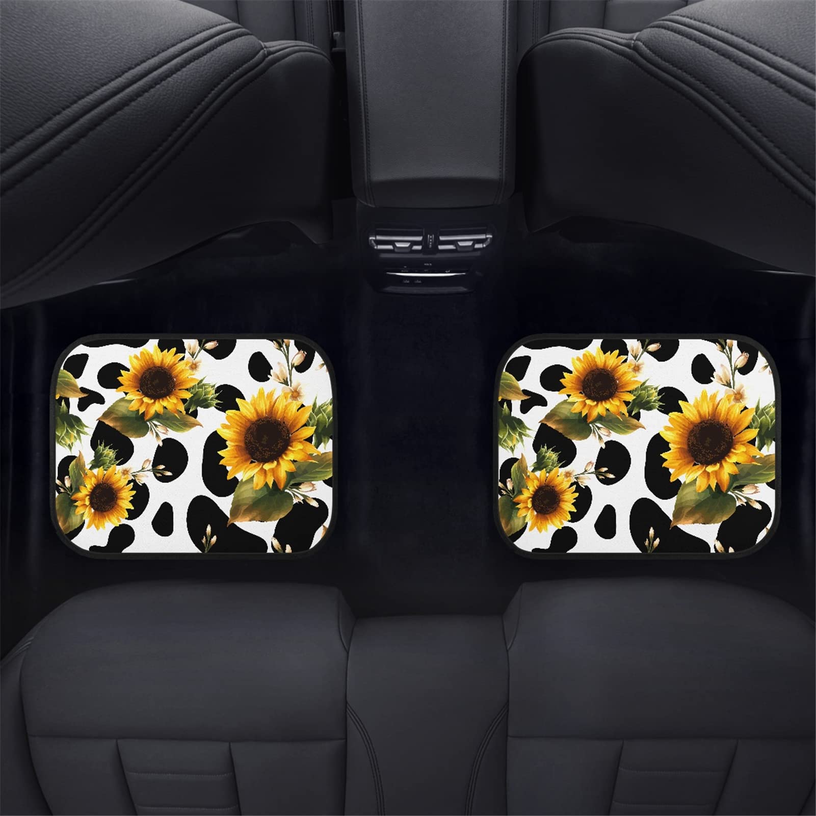 JEOCODY Sunflower & Cow Print Car Floor Mats - 4-Piece Set, Non-Slip Heavy Duty Dustproof Automotive Accessories for Sedans, SUVs & Trucks | Perfect for Road Trips & Everyday Commute