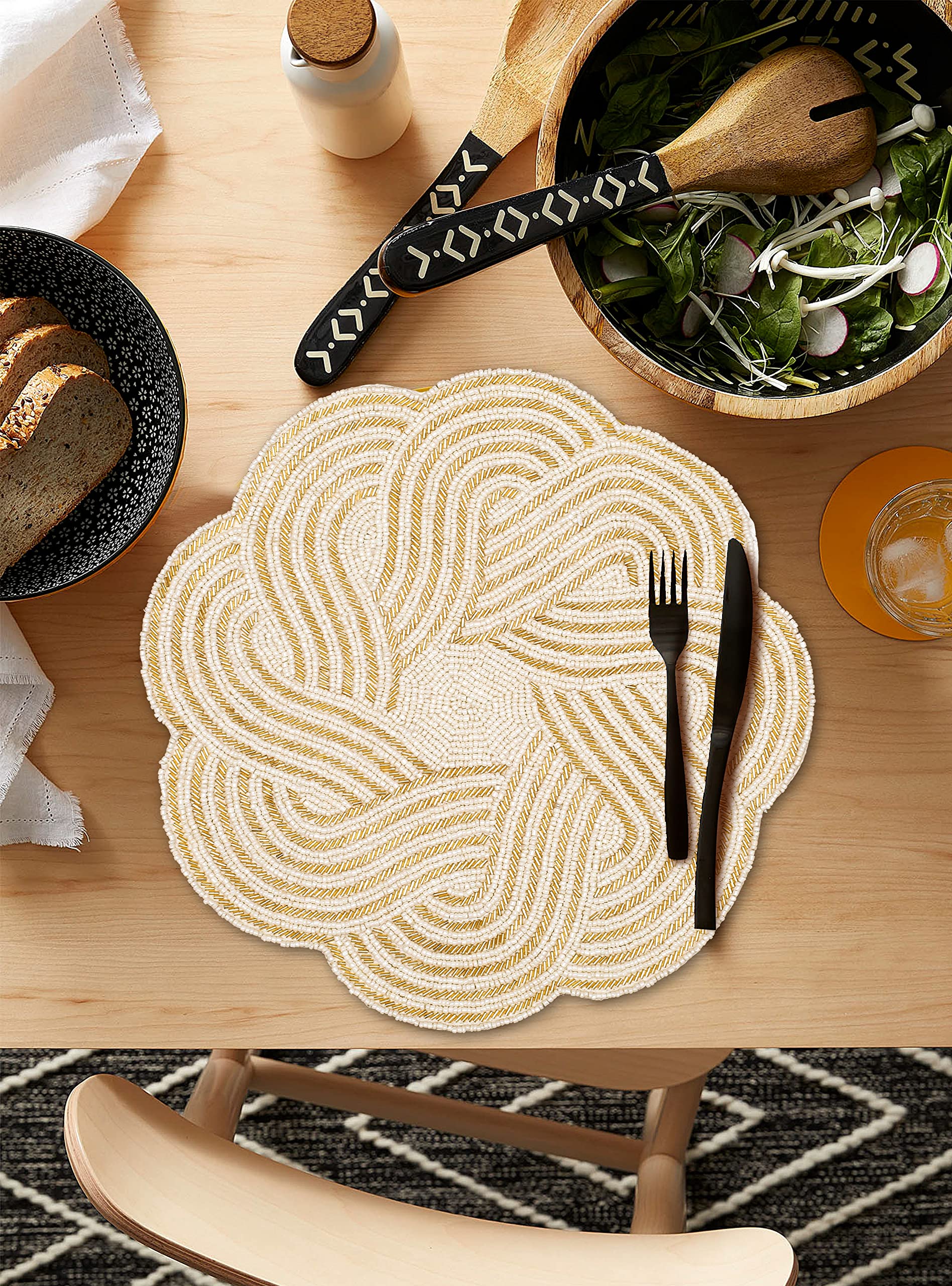 ALPHA Living HOME Handmade Round Beaded Placemats - 13 Inch Elegant Table Mats for Dining, Coffee Table, Wedding & Holiday Decor - Ivory - Perfect for Thanksgiving, Christmas Parties & Home Décor