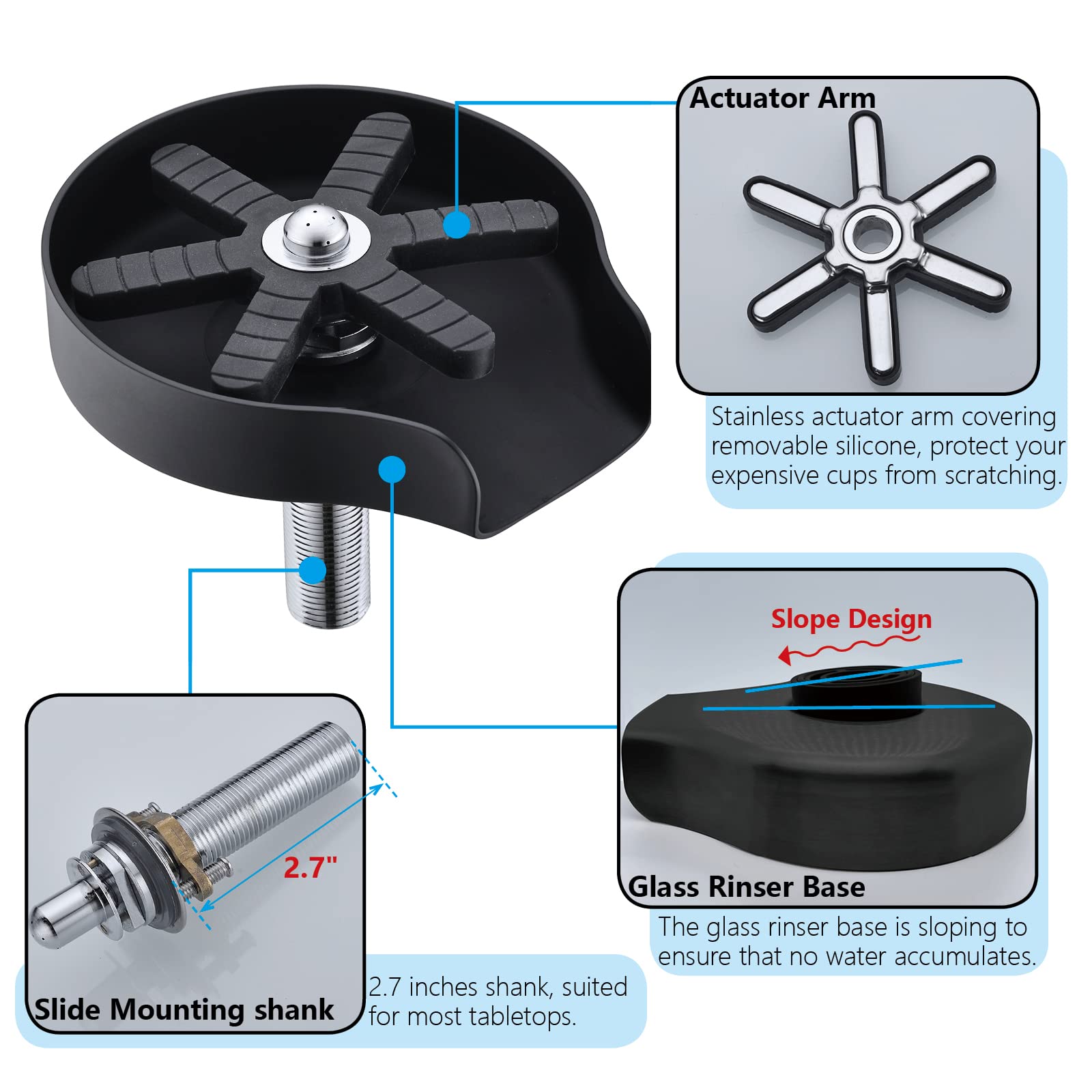 Stainless Steel Multi-Angle Pressurized Glass Rinser for Kitchen Sink - Matte Black Cup & Bottle Cleaner for Wine, Baby Bottles, and Utensils