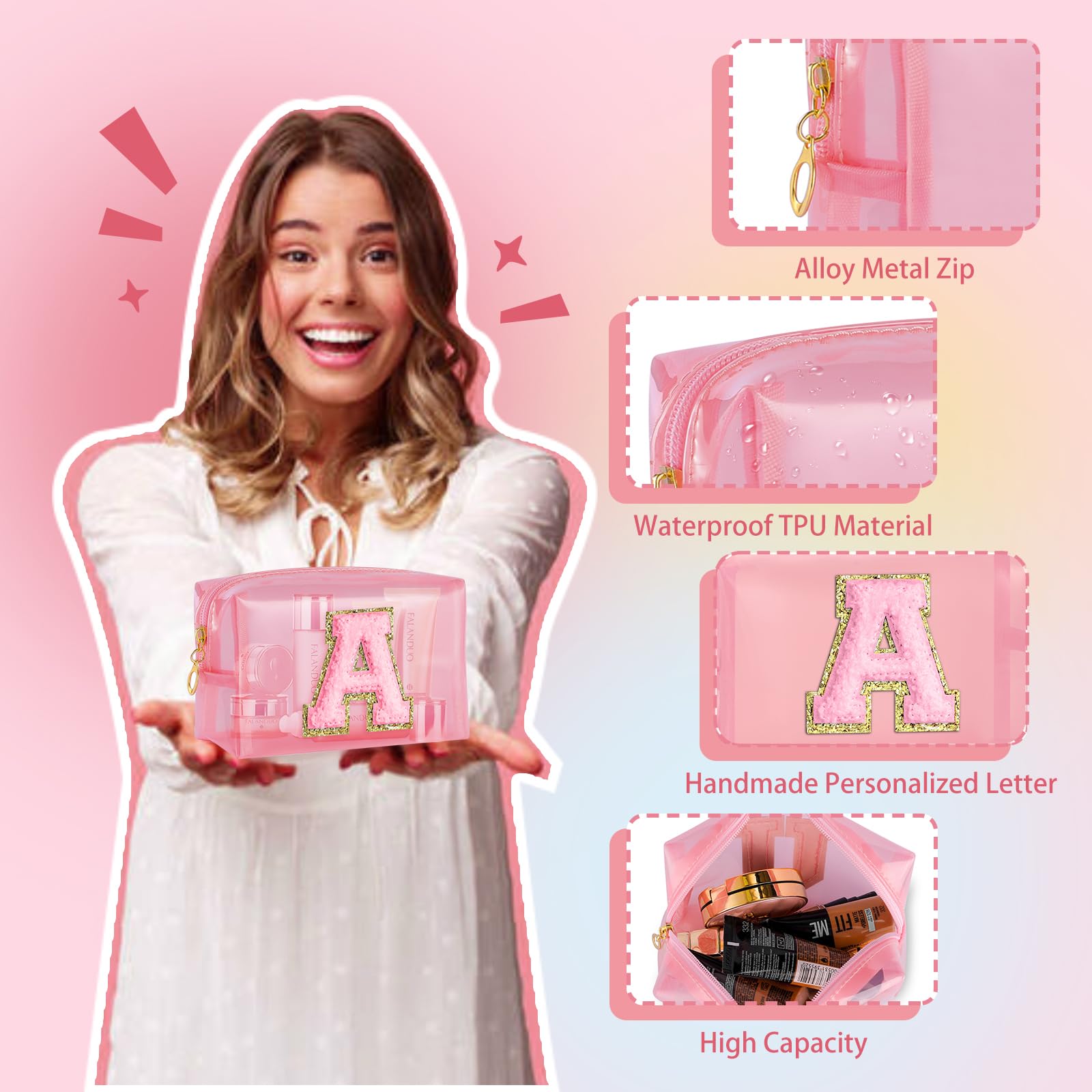 Personalized Initial Makeup Bag - Waterproof Travel Cosmetic Pouch for Women (Pink) | Great for Gifts & Toiletries