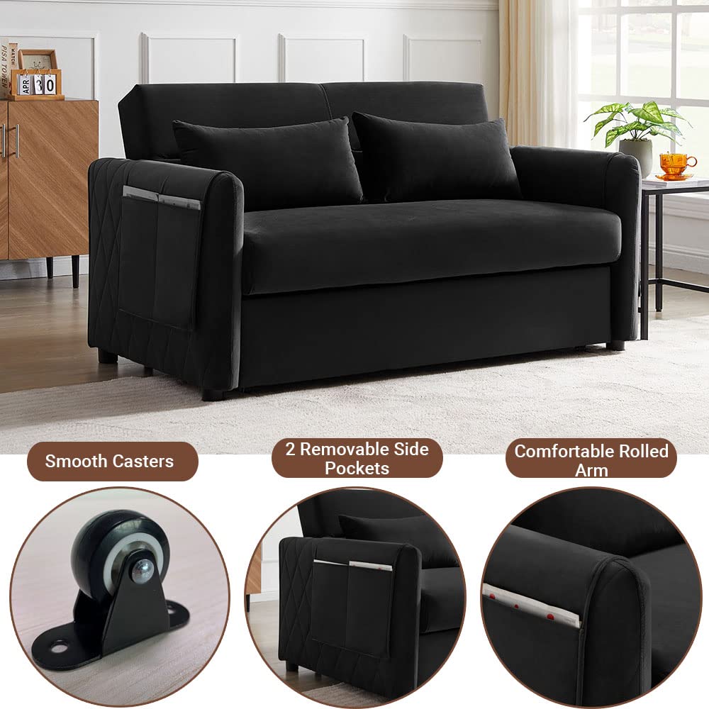 Antetek 55-inch 3-in-1 Convertible Sleeper Sofa Bed - Velvet Loveseat with Pull-Out Bed, Adjustable Backrest, Toss Pillow & Side Pocket - Perfect for Small Spaces, Living Room, Apartment, Dorm (Black) | Space-Saving Multi-Functional Furniture for Guests & Daily Use