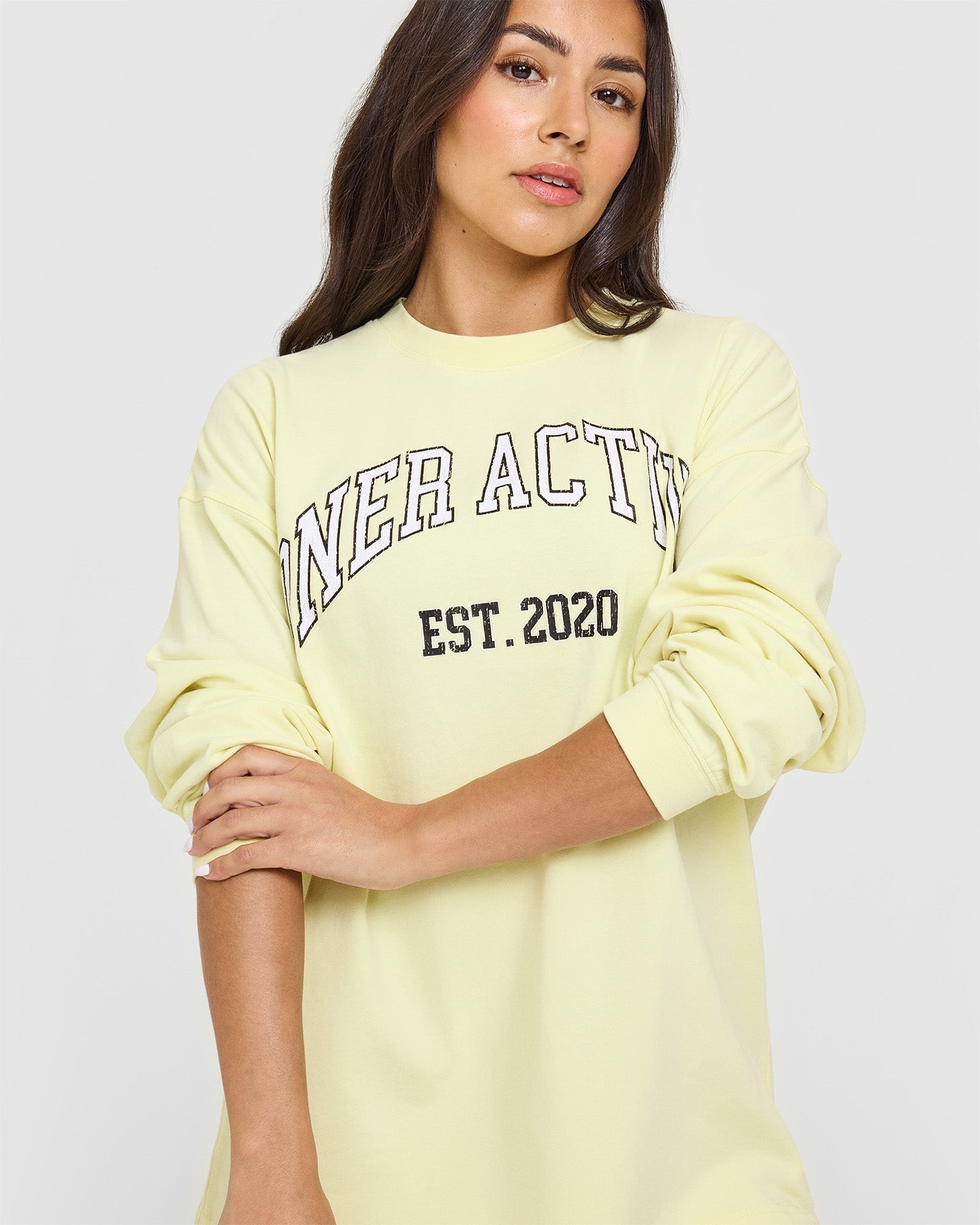 Oner Graphic Washed Long Sleeve T-Shirt | Pastel Yellow Women's Casual Top for Streetwear & Everyday Outfits