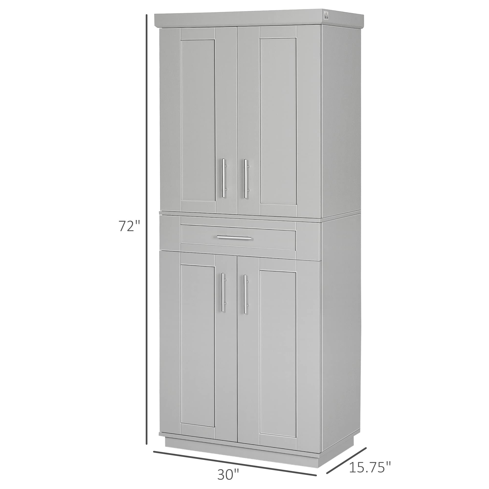 HOMCOM 72 Inch Freestanding Kitchen Pantry Cabinet with 4 Doors, Drawer & 3 Adjustable Shelves - Tall Storage Organizer for Dining Room, Living Room, Kitchen - Modern Gray Cabinet for Home Organization & Space Saving