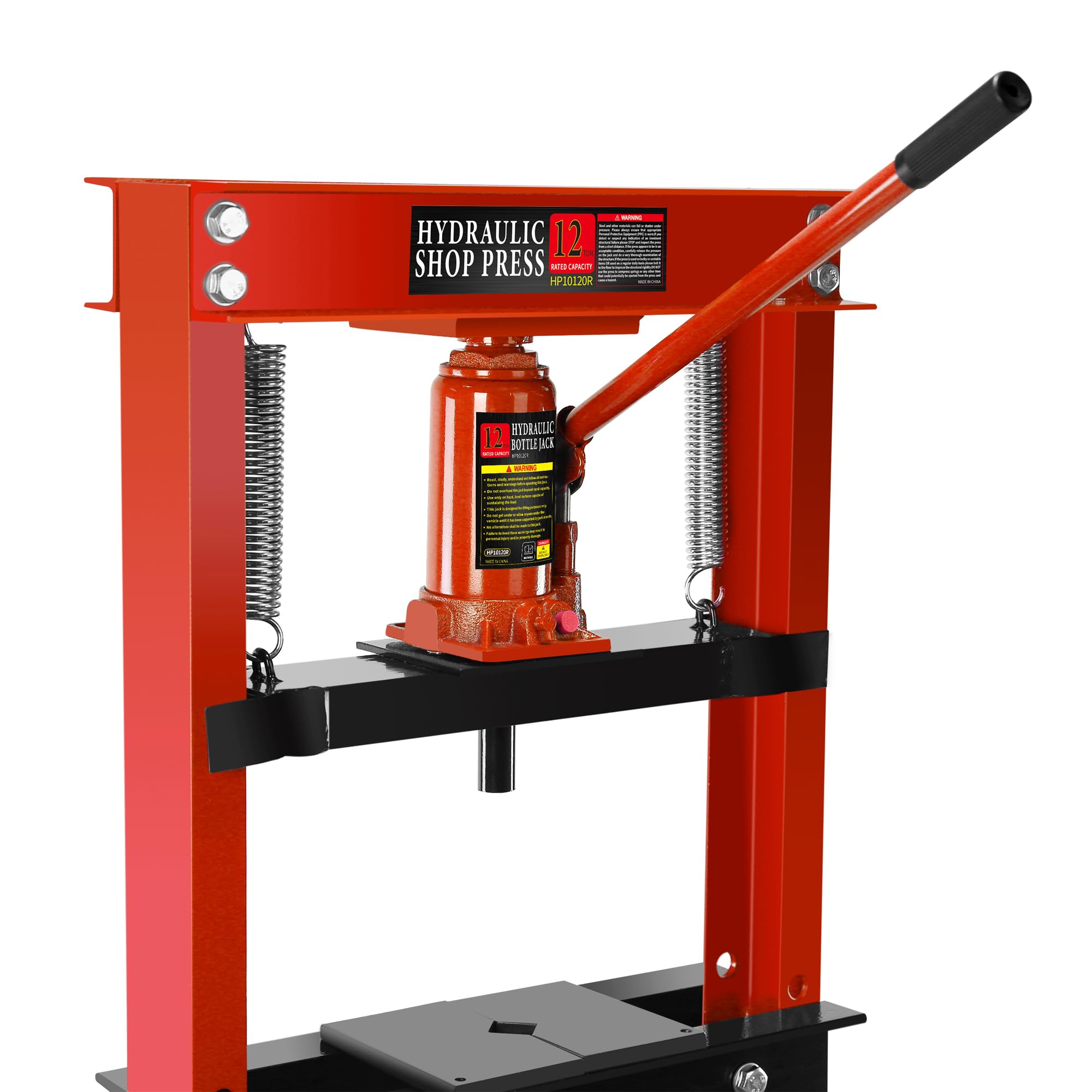 12-Ton Hydraulic Shop Press with Press Plates - H-Frame Garage Floor Press with Adjustable Working Table Height - Heavy Duty Metalworking, Automotive Repair & DIY Projects (Red)