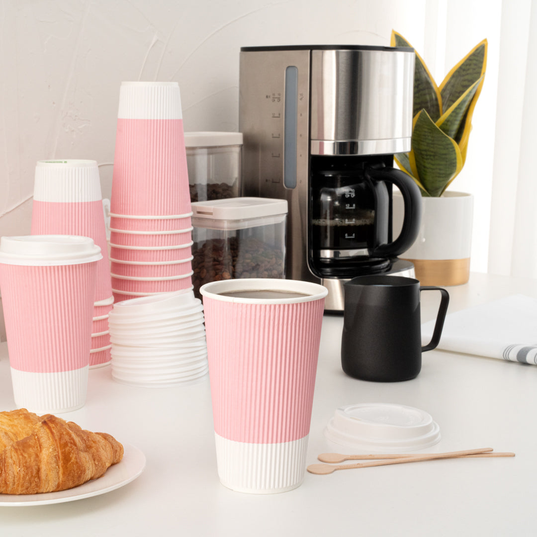 16 oz Light Pink Ripple Wall Paper Coffee Cups with White Lids - 20 Count Bulk Pack (3.5