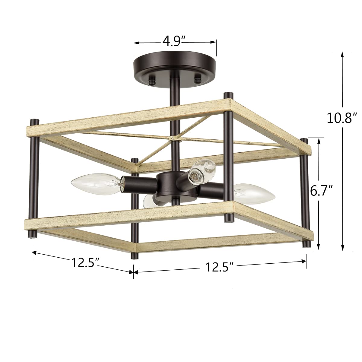 12-Inch Farmhouse Semi Flush Mount Ceiling Light - Modern Black & Wood 4-Light Fixture for Hallway, Bedroom, Foyer, Kitchen, Living & Dining Room - Perfect for Rustic Home Decor & Cozy Ambiance