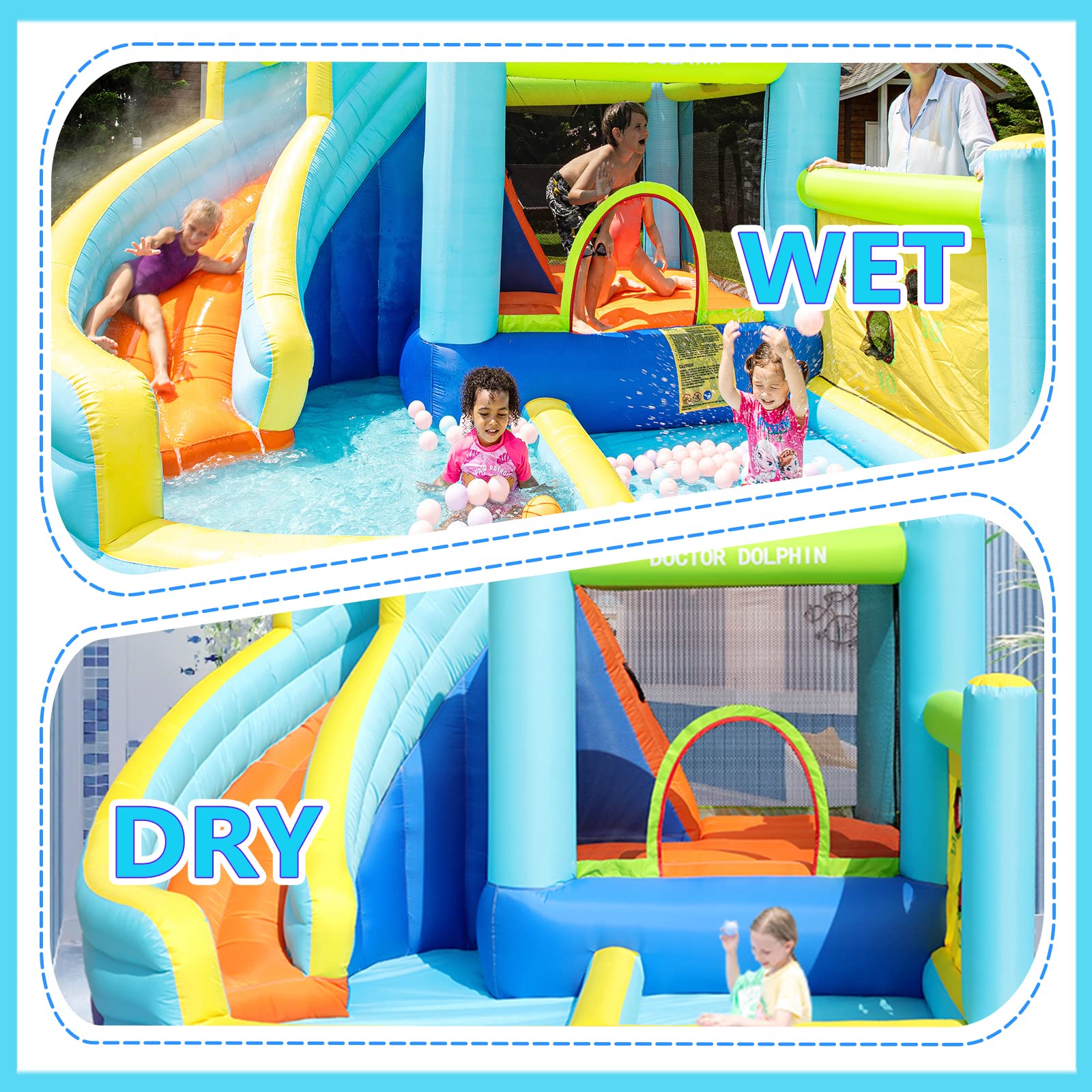 **Doctor Dolphin Inflatable Bounce House with Water Slide for Kids - Outdoor & Indoor Water Park Play Set with Blower, Perfect for Backyard Parties, Summer Fun, and Family Gatherings**