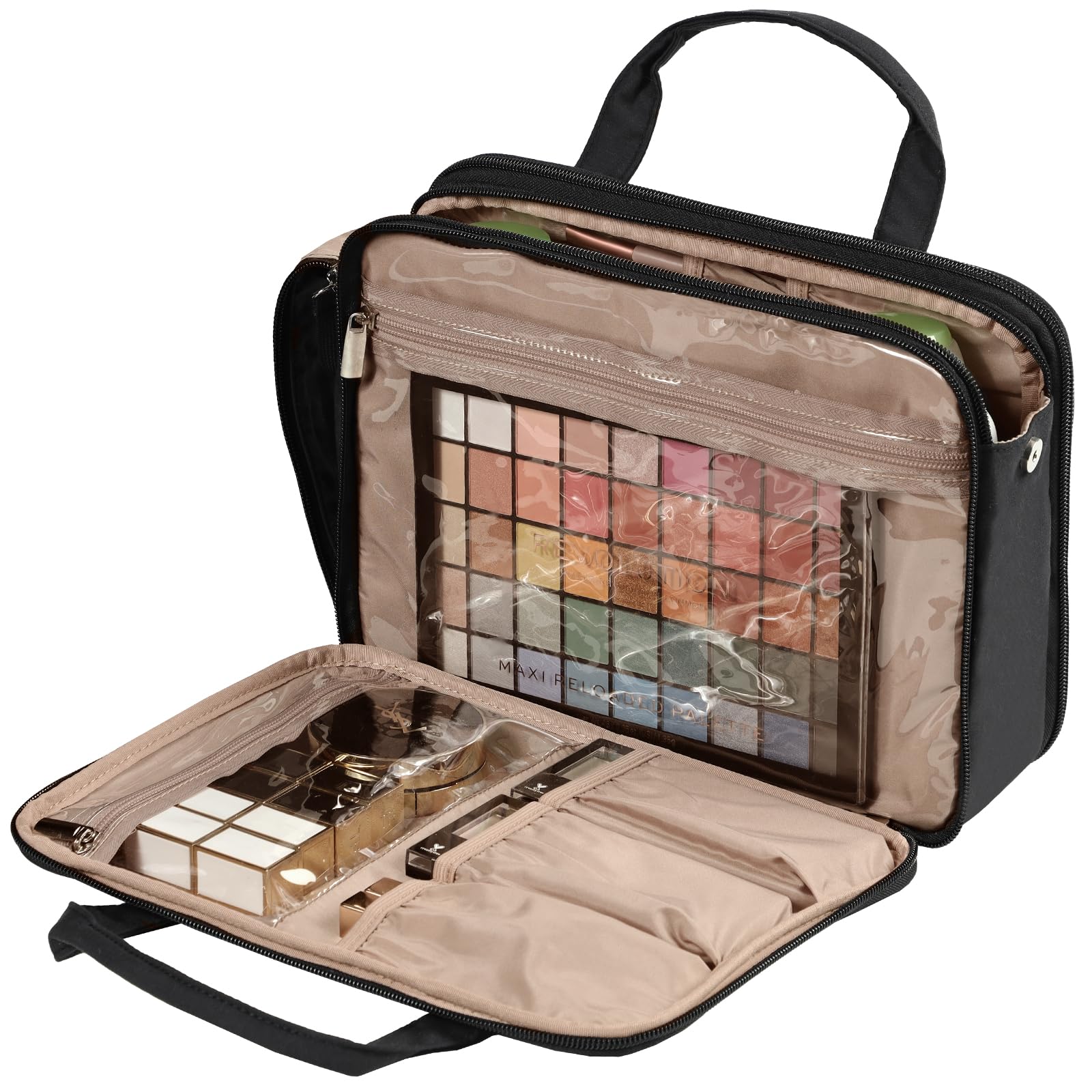 NISHEL Travel Makeup Bag Organizer - Portable Stand Up Cosmetic Case for Toiletries | Black | Perfect for Travel, Gym & Daily Use