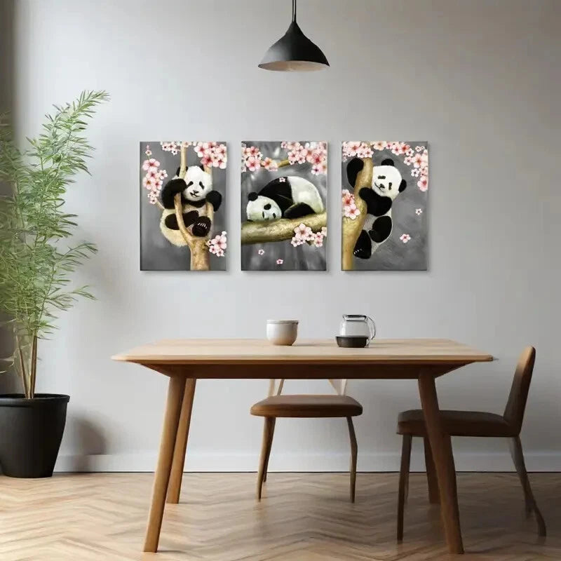 3-Piece Cute Panda Bear Metal Wall Art Prints - Ready to Hang Home Decor for Living Room, Bedroom & Nursery | Modern Animal Painting for Kids & Adults