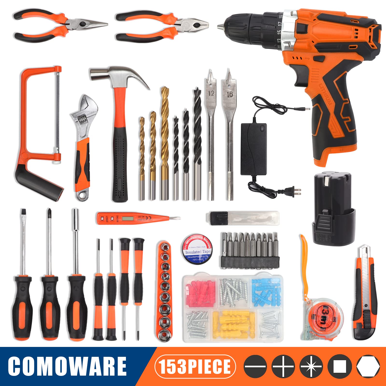 COMOWARE 16.8V Cordless Drill Set with 153 Pcs Tool Kit - Professional Power Drill & Household Tool Set for Home Repair, DIY Projects, Garden & Office Maintenance - Perfect for Men & Handymen