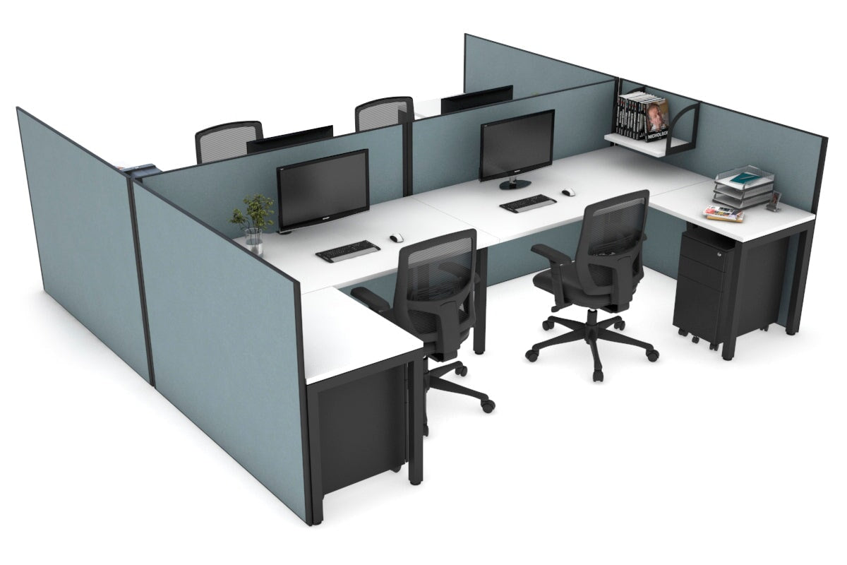 Quadro Square Legs 4-Person Corner Workstation - H Configuration Black Frame (1600L x 1800W with Cable Scallop) | Office & Conference Room Furniture for Collaborative Workspaces