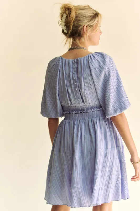 Lavender Back Button Puff Sleeve Mini Dress for Women | Summer Beach Resort Outfit | Perfect for Vacation, Wedding Guest & Date Night