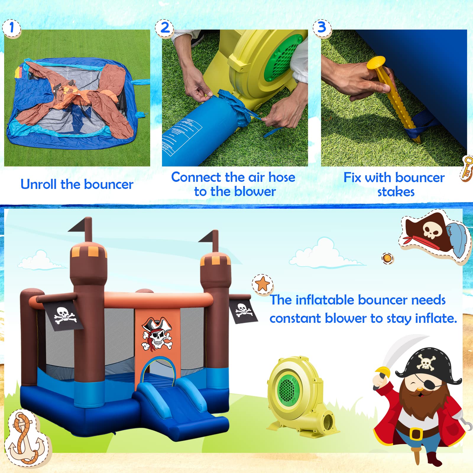 BOUNTECH Pirate Theme Inflatable Bounce Castle for Kids Ages 5-12 - Large Bouncy House with 735W Blower for Indoor & Outdoor Birthday Parties, Backyard Fun, and Toddler Play (Perfect for Birthday Gifts, Summer Events, and Family Gatherings)