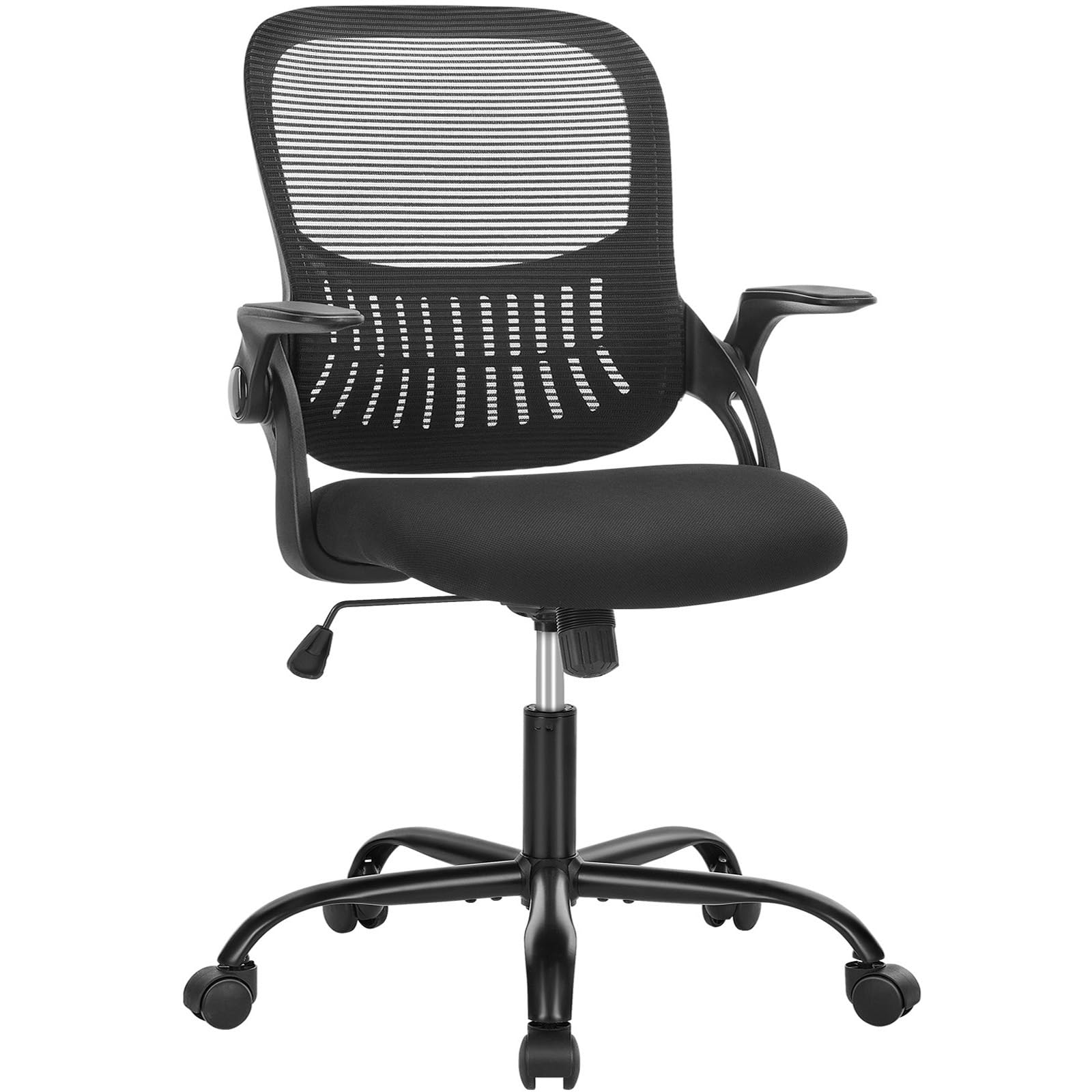 Ergonomic Office Chair with Lumbar Support - Mid Back Mesh Computer Desk Chair with Wheels, Swivel & Flip-Up Arms - Comfortable Task Chair for Home Office, Gaming, Study & Bedroom - Black (Ideal for Long Work Hours, Online Classes & PC Gaming Sessions)