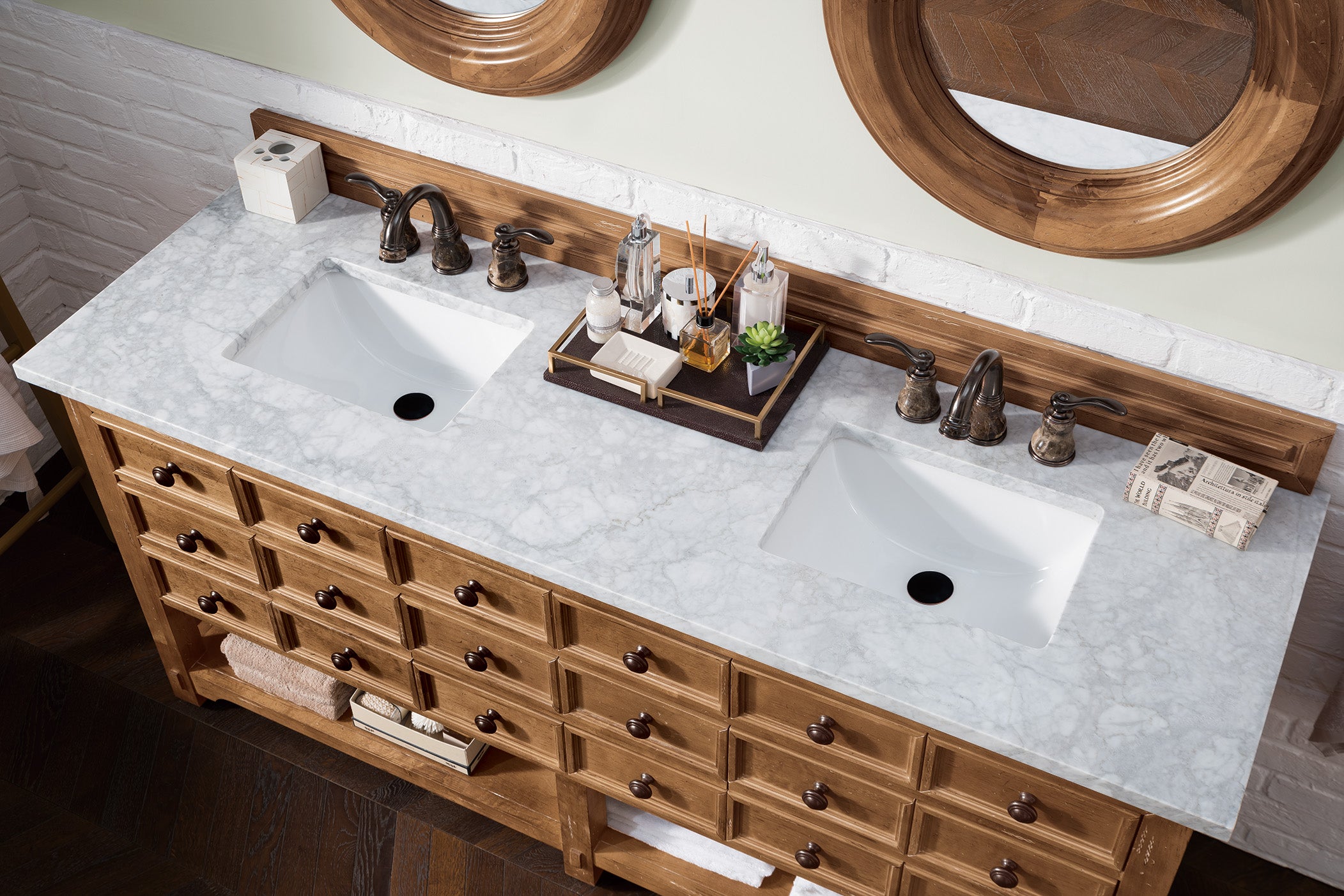 Malibu 72 Inch Double Bathroom Vanity with Honey Alder Wood & 3CM Carrara Marble Top - Perfect for Master Bathroom Renovation & Luxury Home Decor