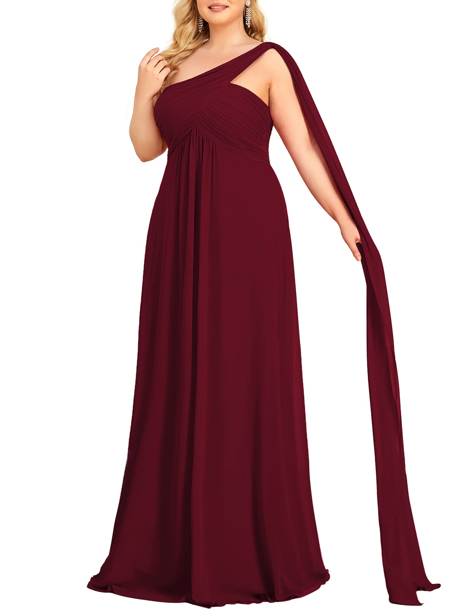 Ever-Pretty Women's One Shoulder Ruched Empire Waist Chiffon Maxi Plus Size Bridesmaid Dress 09816-PZUSA | Elegant Formal Gown for Weddings, Prom, Evening Parties & Special Occasions