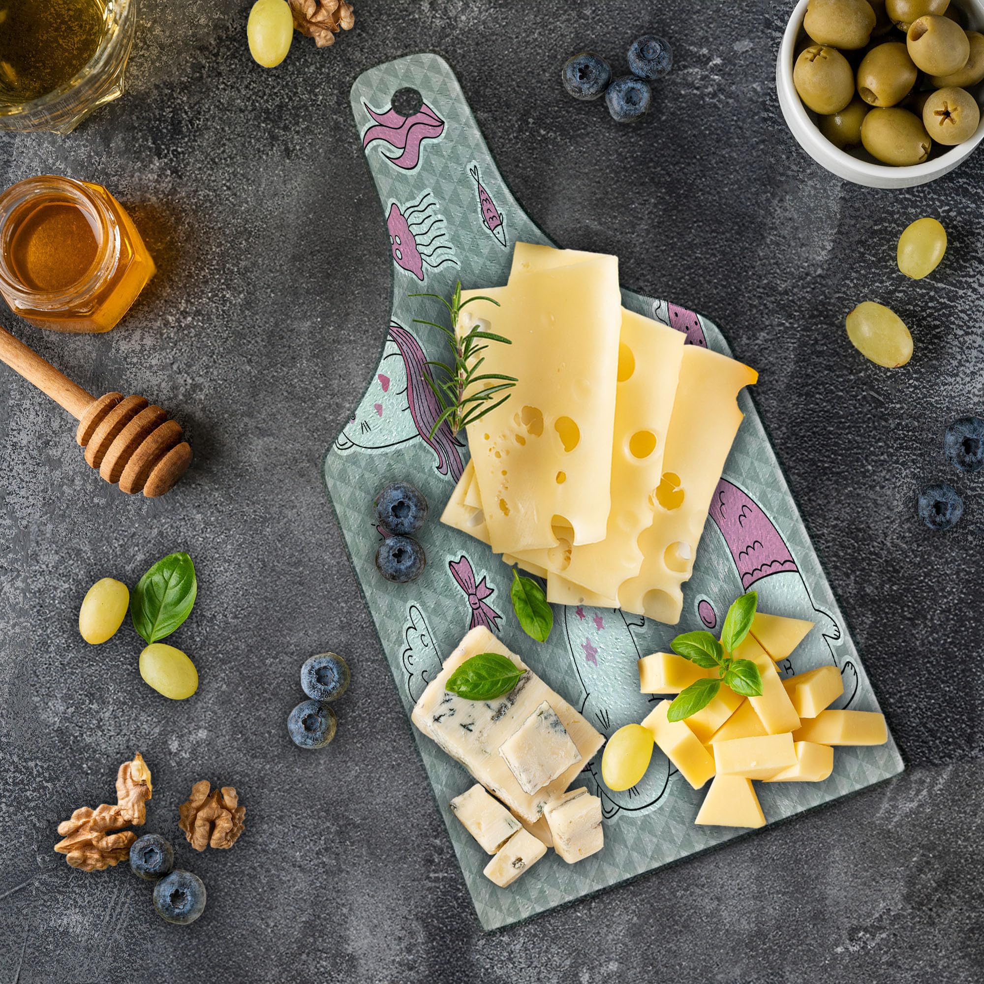 Ambesonne Unicorn Cat Cutting Board - Cute Cat, Unicorn & Mermaid Fish Design with Bubbles & Hearts Underwater Theme - Tempered Glass Serving Board for Kitchen, Cheese, Charcuterie - Wine Bottle Shape in Grey, Pale Pink & White - Perfect for Gifts, Parties & Home Decor
