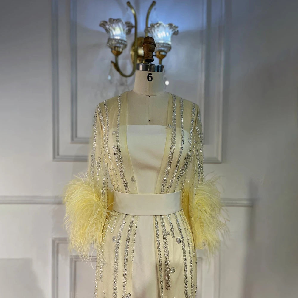 Elegant Light Yellow Feather Evening Gown for Wedding, Party, Prom - LA71759 | Perfect for Bridesmaids, Formal Events & Special Occasions