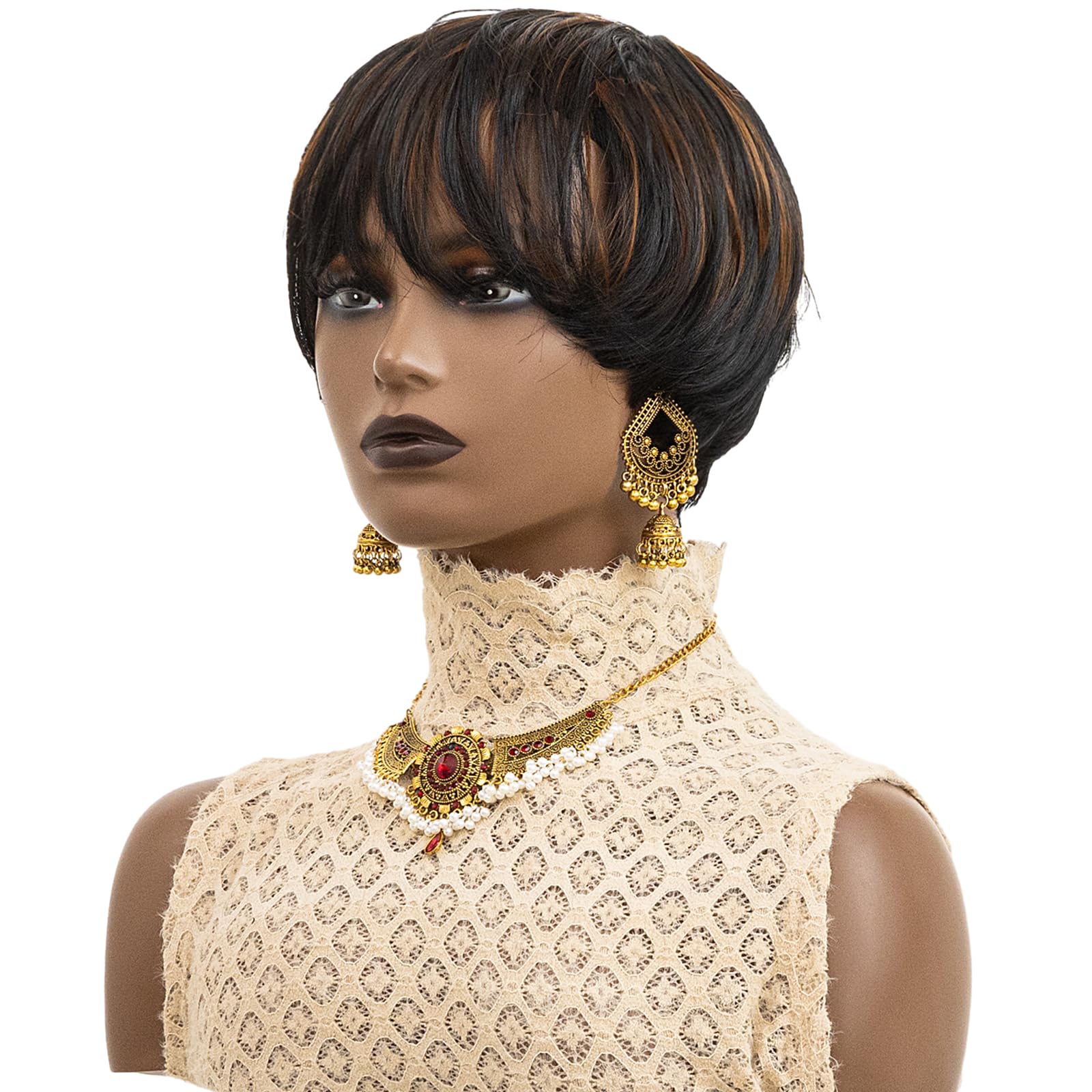 Stylish Synthetic Pixie Cut Wigs for Black Women - Short Ombre Auburn Bowl Cut Wig with Bangs (Brown Black) | Perfect for Daily Wear, Cosplay & Special Occasions