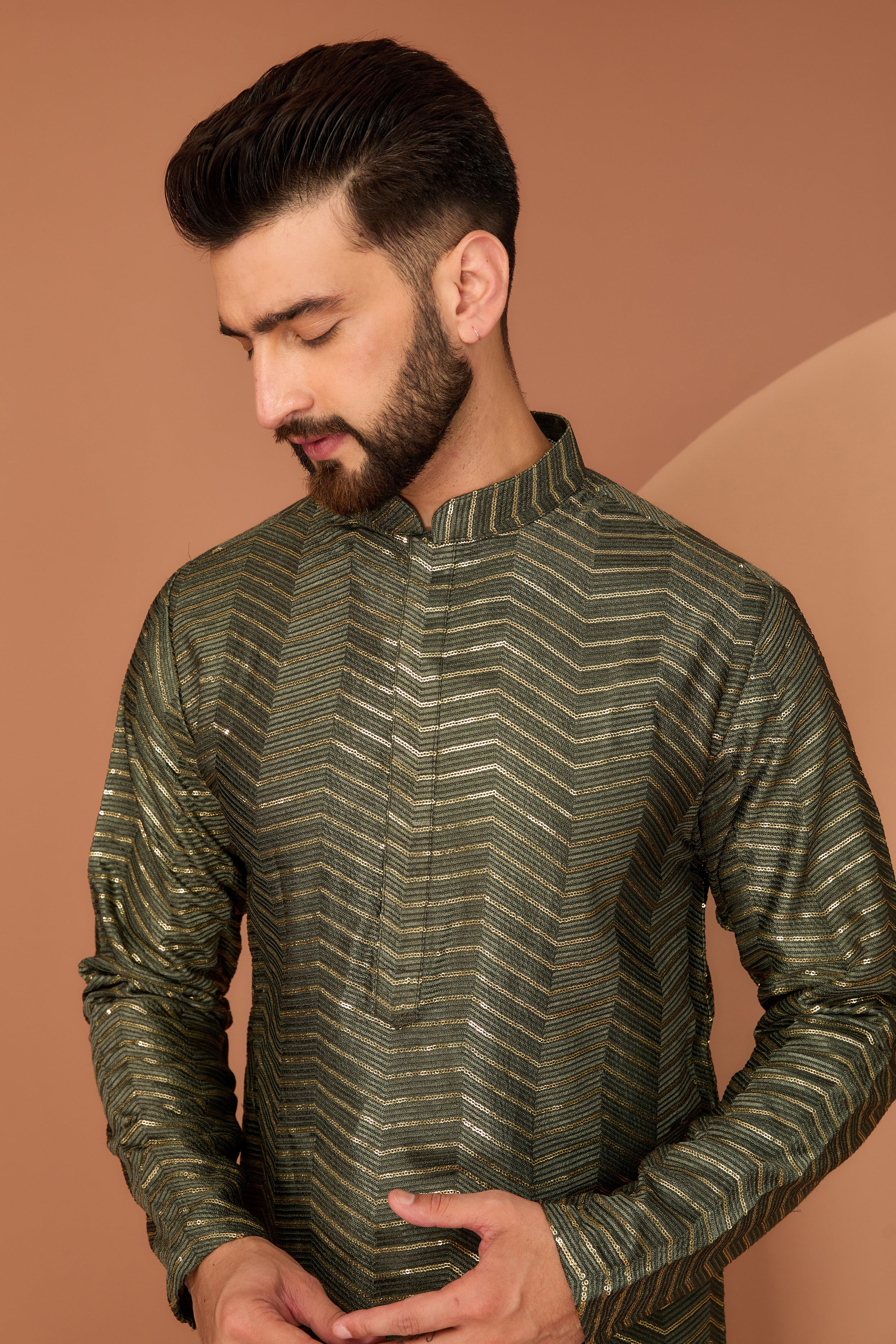 Stylish Military Green Embroidered Kurta with Intricate Sequin Detailing for Men | Perfect for Festivals, Weddings & Casual Wear