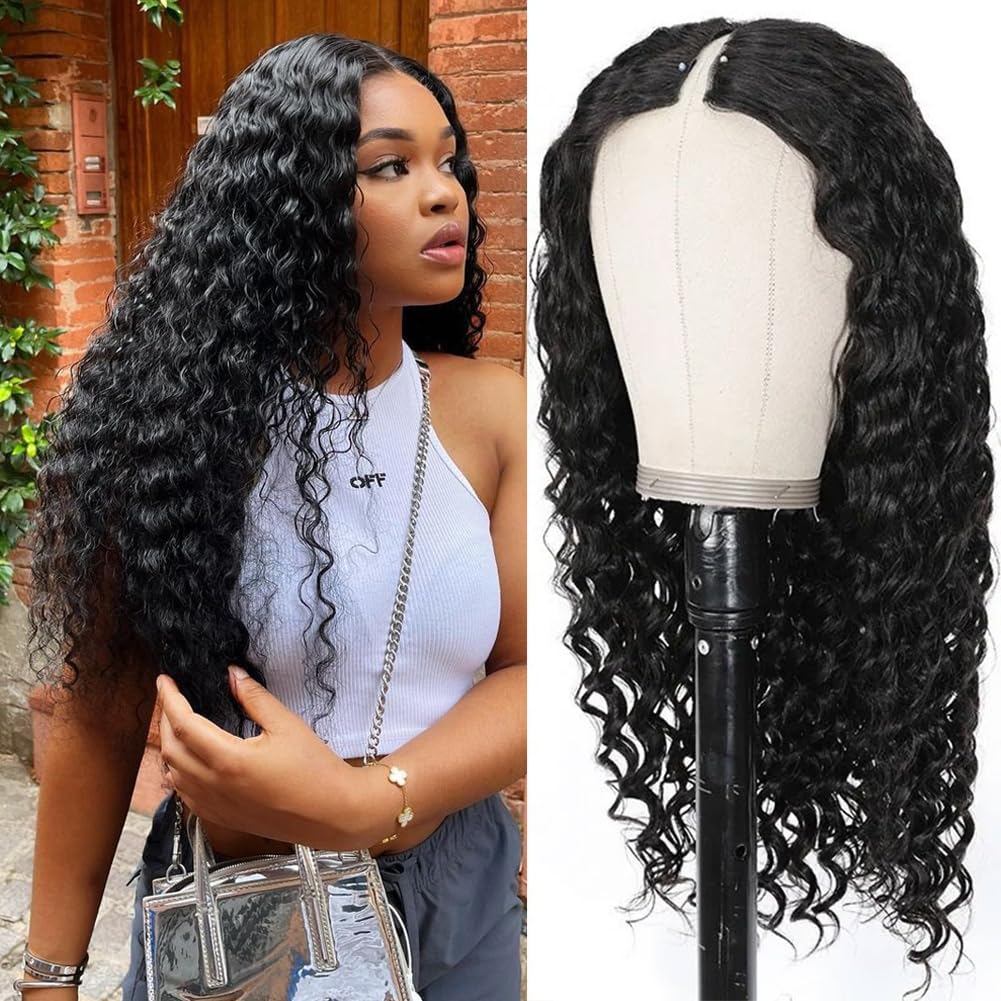 Zealady 24 Inch Deep Wave V Part Human Hair Wig for Women - 12A Virgin Hair, Glueless No Sew Clip-In Half Wig - Perfect for Daily Wear, Parties & Special Occasions