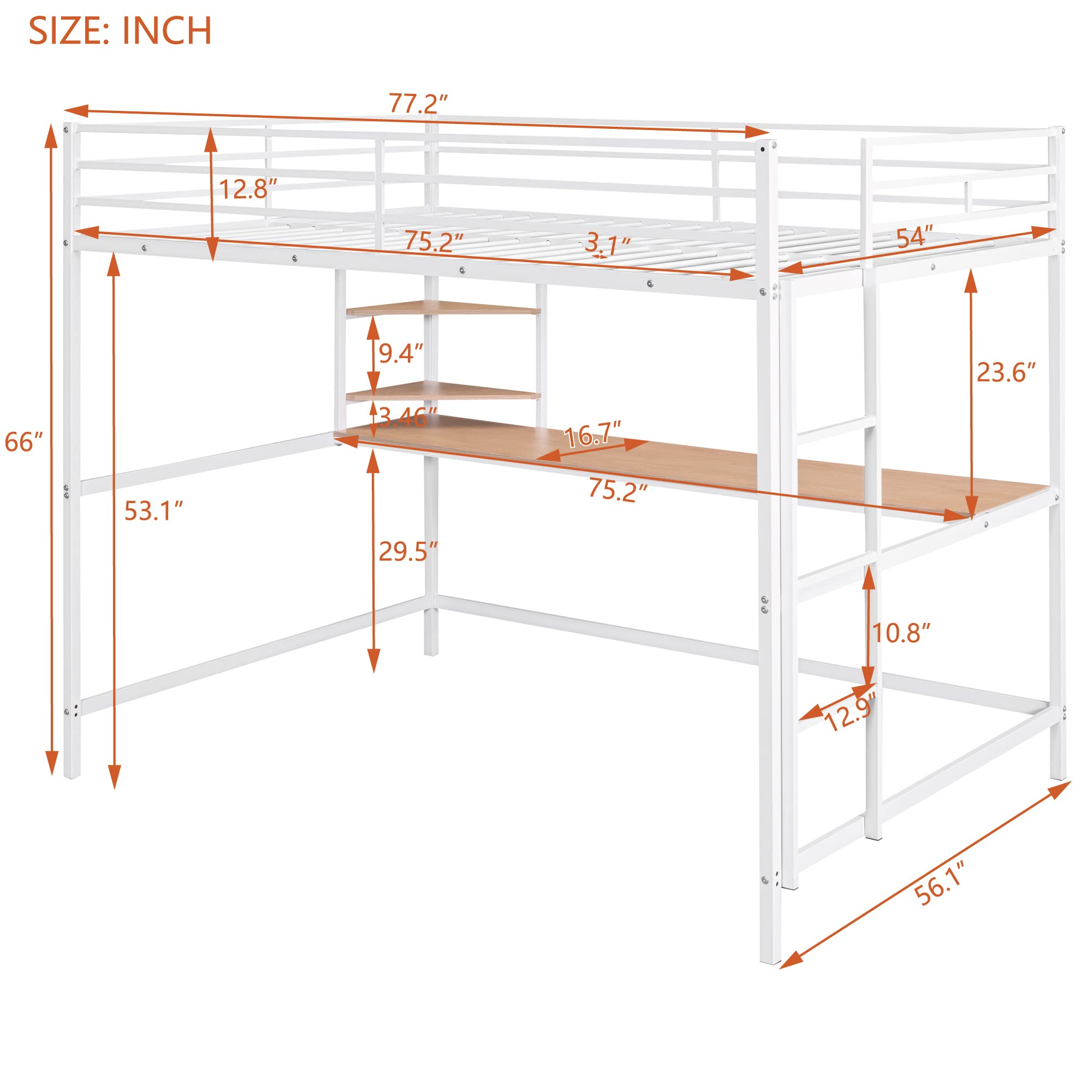Full Size Loft Bed with Study Desk & Storage Shelves - Heavy Duty Metal Frame Loft Bed for Kids & Teens - Space Saving Design with Safety Guardrail - Perfect for Small Bedrooms, Dorms & Studio Apartments (White)