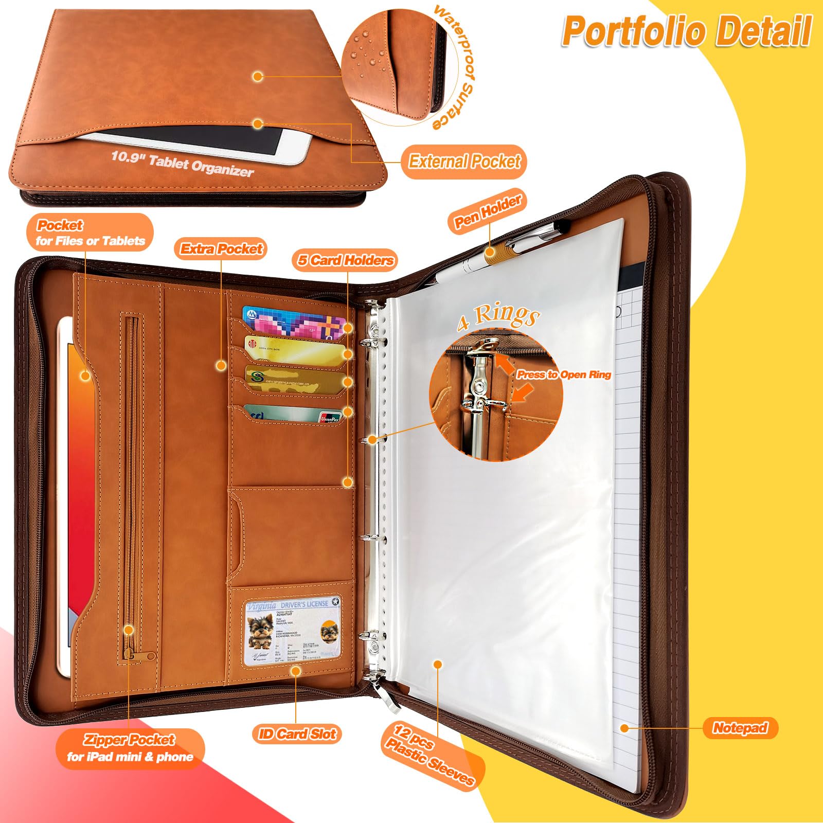 Premium PU Leather Zipper Portfolio Organizer - Professional Business Document Holder with 4-Ring Binder, Exterior Pocket & Card Slots - Perfect for Resumes, Passports, Tickets & Office Essentials (Brown) - Ideal for Business Meetings, Job Interviews & Travel Organization