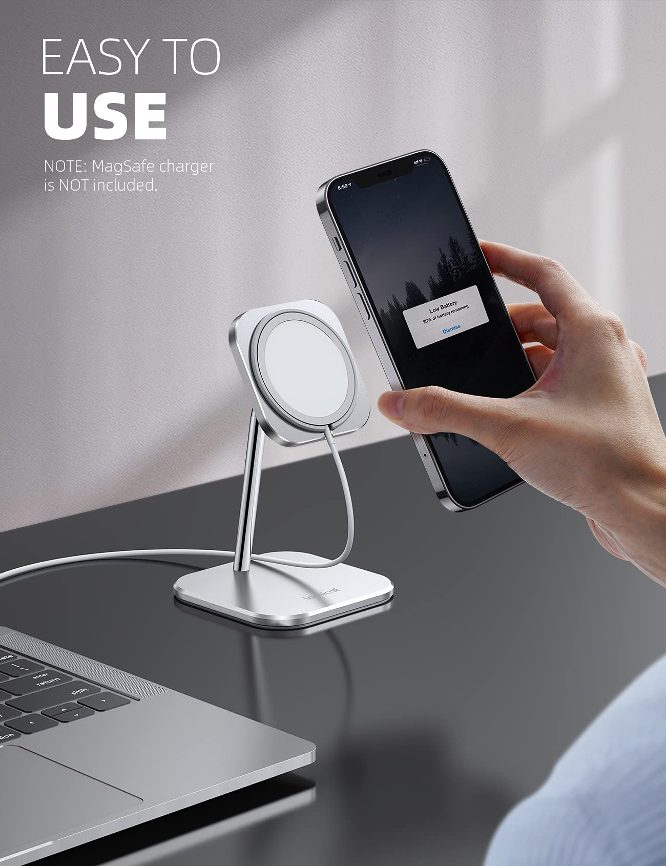 Lamicall 360° Adjustable Aluminum Phone Stand for Apple MagSafe Charger - Compatible with iPhone 16/15/14/13/12 Pro/Pro Max/Plus | Desk Charging Dock Holder (Charger Not Included) | Perfect for Office, Home & Travel Use