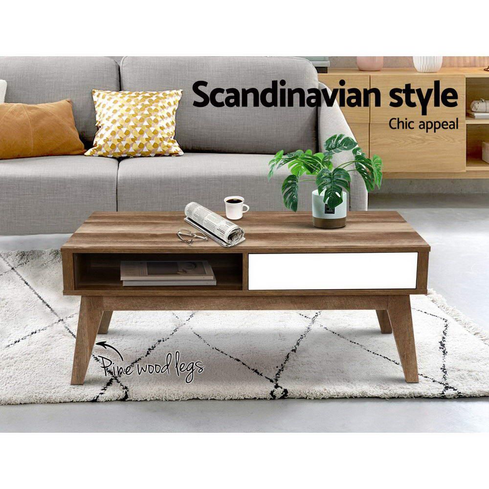 Modern Scandinavian White Wooden Coffee Table with 2 Storage Drawers & Open Shelf - Perfect for Living Room, Lounge & Small Space Decor