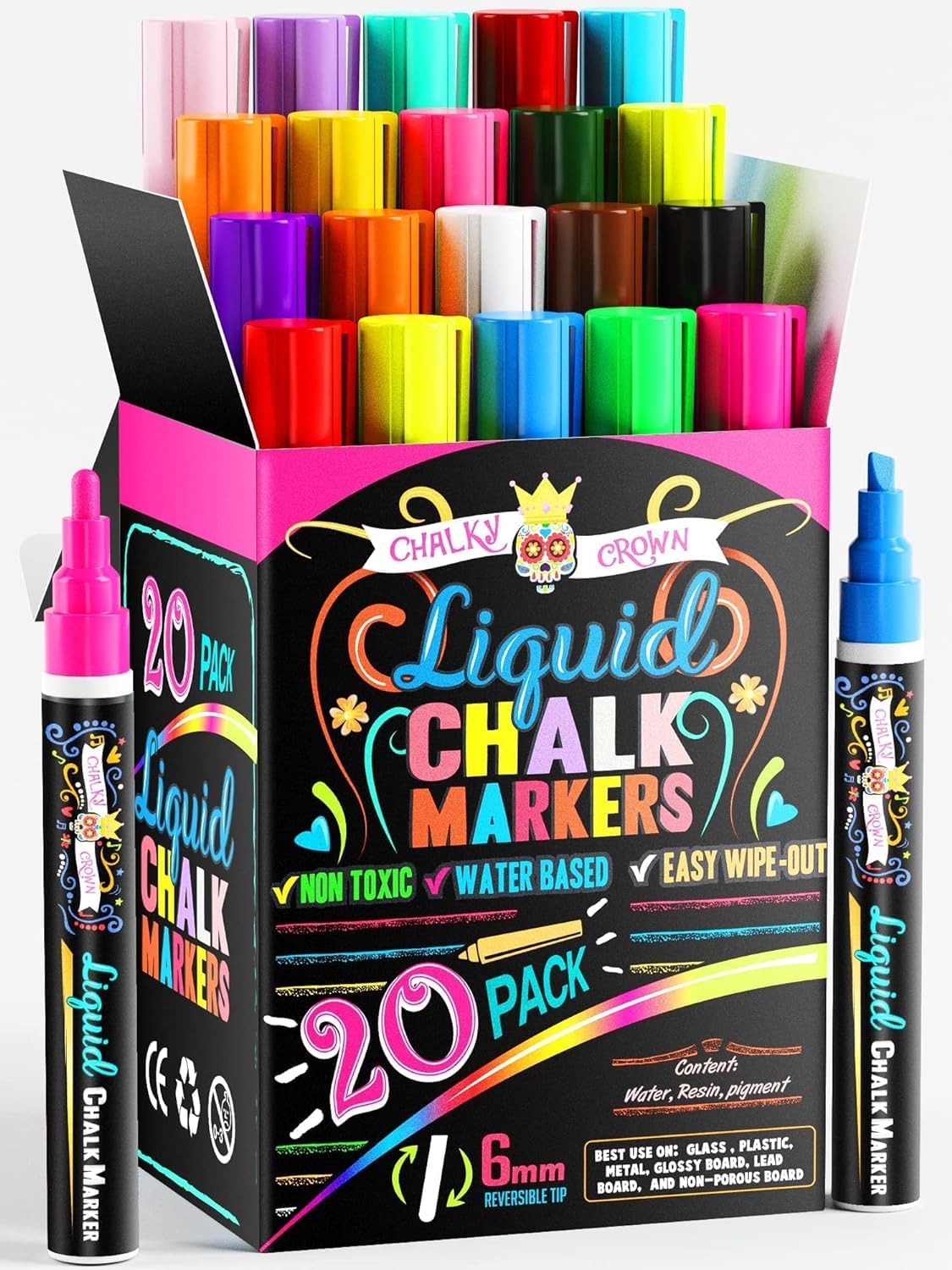 CHALKY CROWN Bold Liquid Chalk Markers - 20 Pack Reversible Tip Dry Erase Markers for Chalkboard, Glass, Windows & Signs - Non-Toxic 6mm Multicolored Chalk Pens - Perfect for Restaurants, Classrooms & DIY Crafts