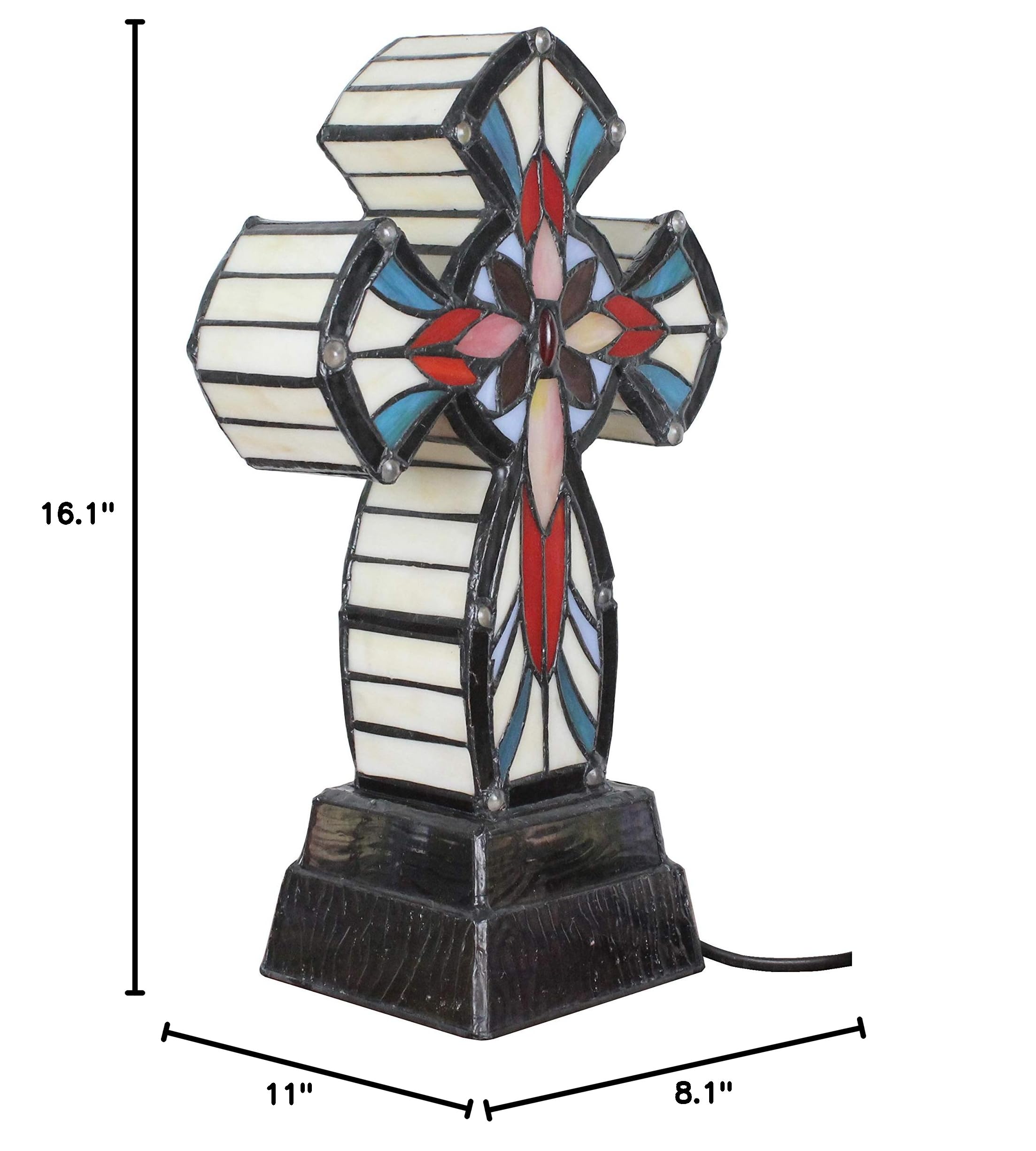 FixtureDisplays Tiffany Style Lighted Cross Tabletop Decor - Stainless Steel & Glass Christian Gift with LED Lamp (7.5