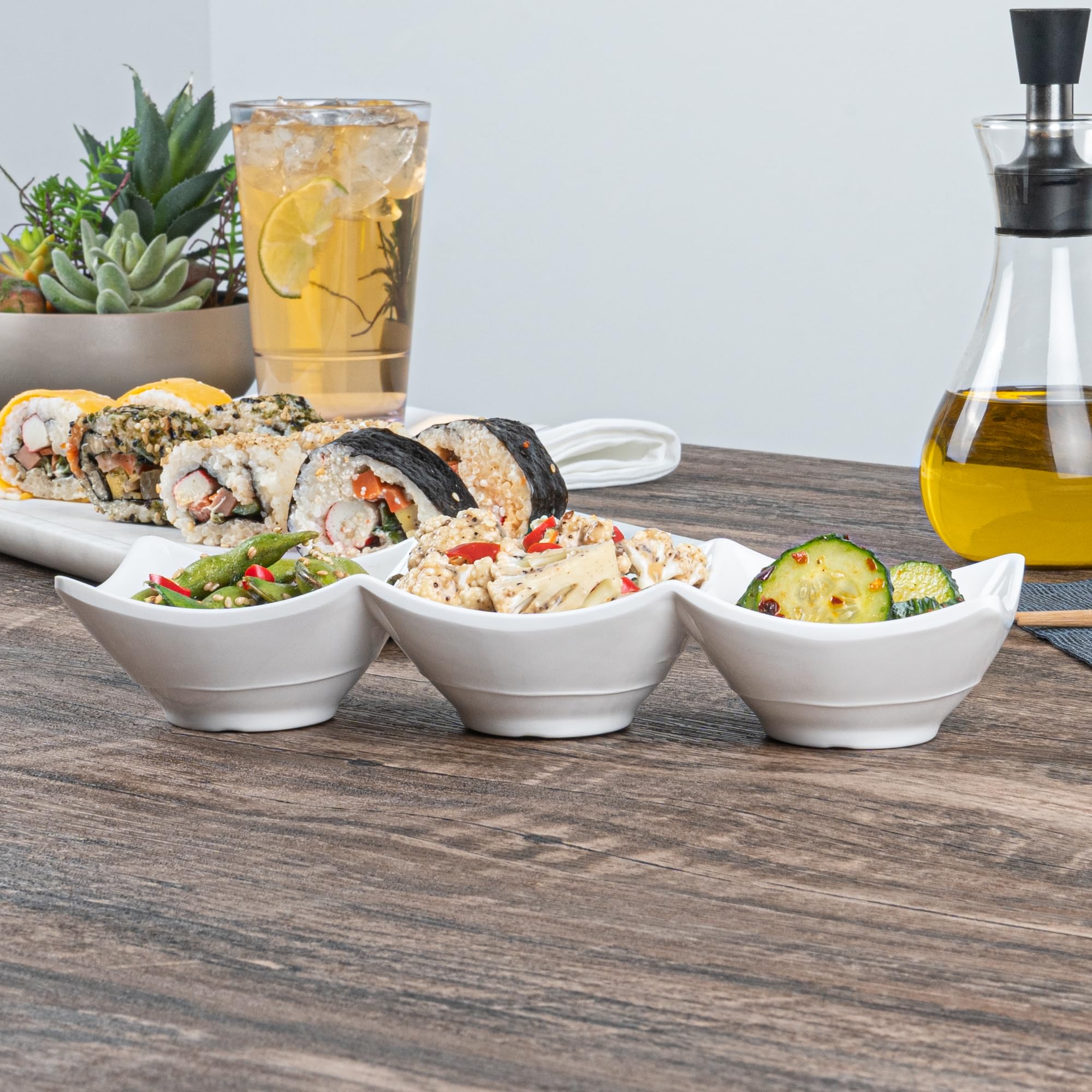 Voga 8.5 oz Square Melamine Serving Dishes - 3 Compartment Appetizer Plates for Dips, Snacks & Condiments | Durable Restaurantware for Catering, Parties & Home Entertaining