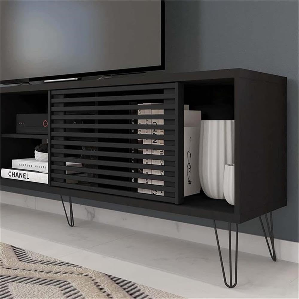 Better Home Products Black Mid-Century Modern TV Stand for 70 Inch Flat Screen - Perfect for Living Room, Home Theater & Entertainment Center Setup