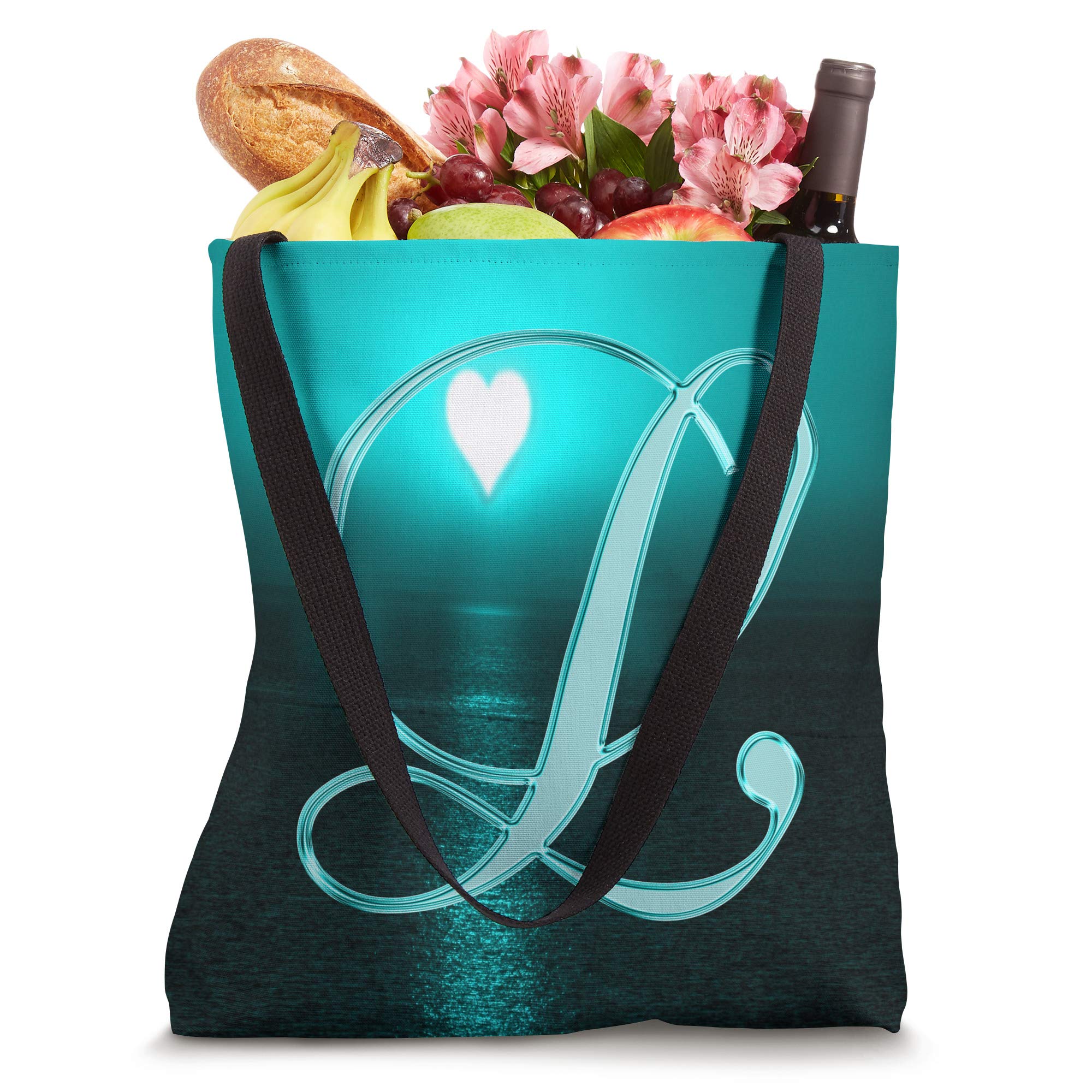 Personalized Teal Heart Beach Tote Bag with Sun & Moon Design - Custom Initial Letter Name for Women, Summer Vacation, Picnic, Shopping & Travel Accessories