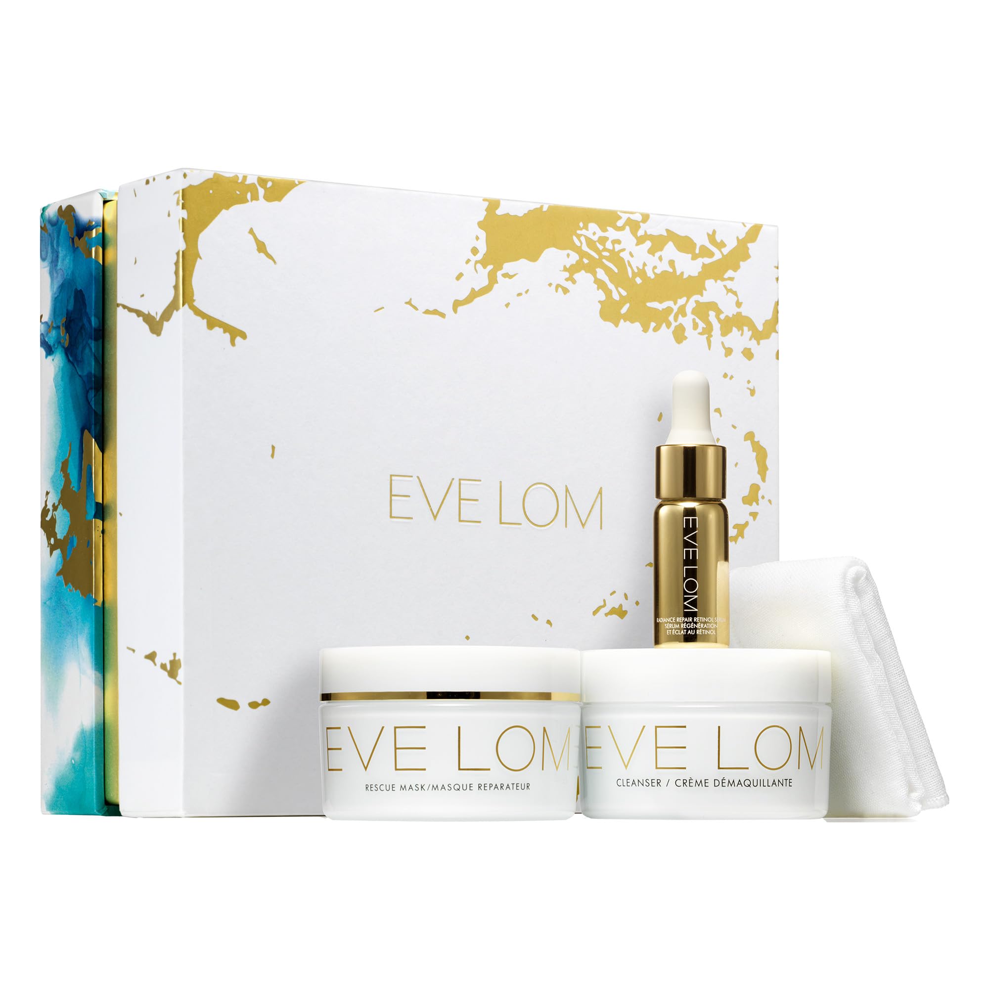 EVE LOM Radiance Ritual Set - 4 Piece Skincare Bundle with Cleansing Balm, Rescue Mask & Retinol Serum | Anti-Aging & Brightening Treatment for Glowing Skin | Perfect for Nighttime Routine & Spa Days