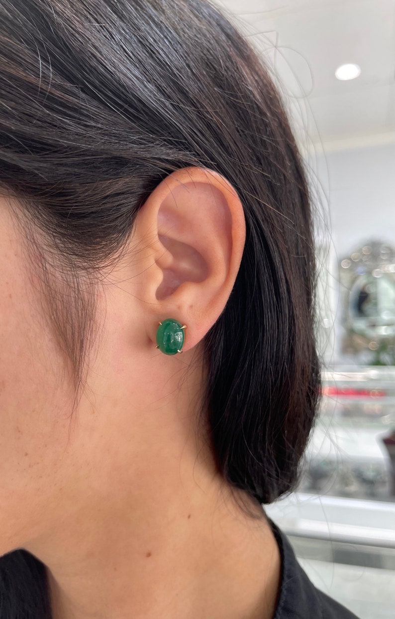 10.90tcw Dark Forest Green Emerald Cabochon Oval Cut 14K Gold Earrings for Women – Elegant Jewelry Gift for Wedding, Party & Special Occasions
