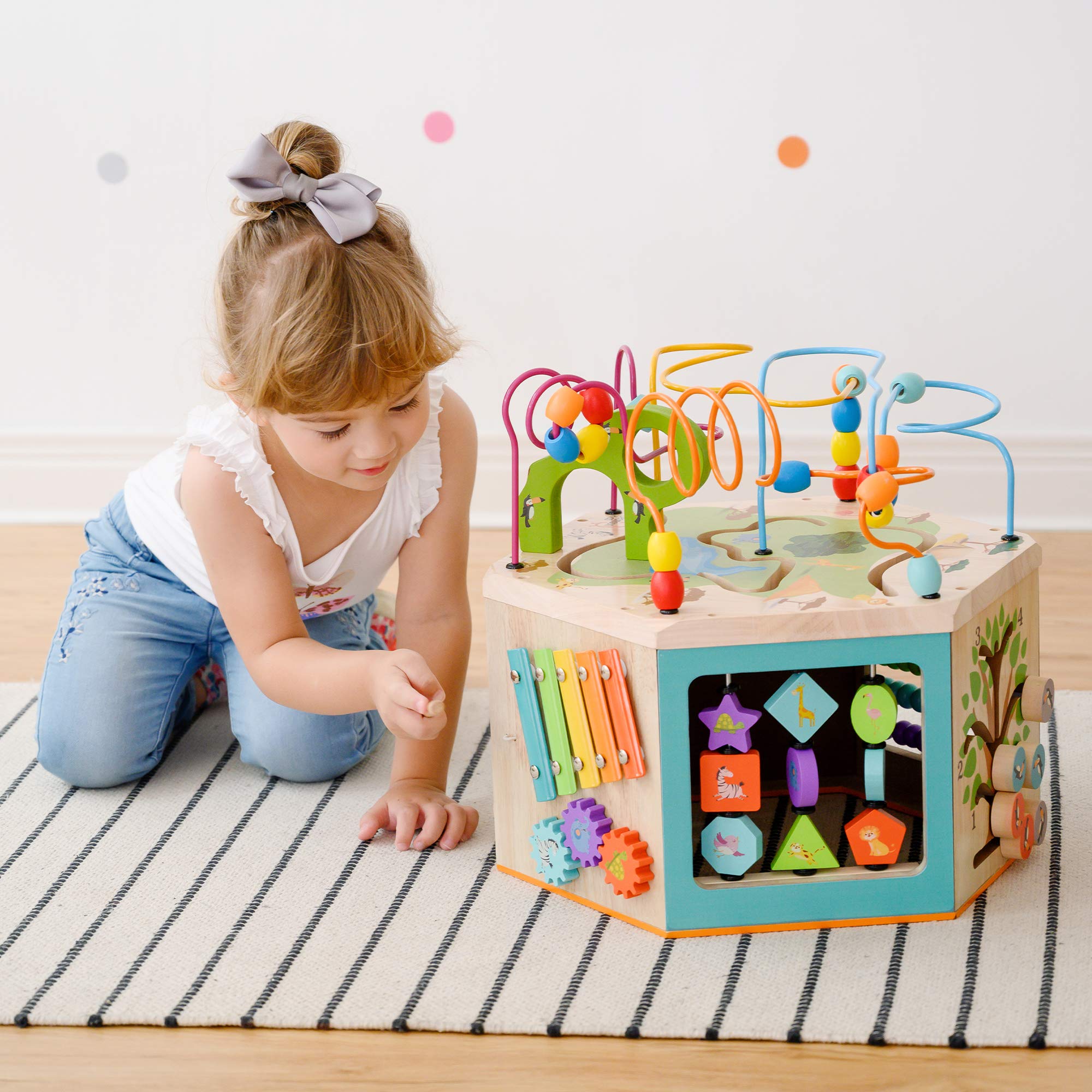 Teamson Kids Preschool Play Lab 7-in-1 Large Wooden Activity Cube - Bead Maze, Counting Toys & Learning Station for Toddlers & Babies (Natural Wood) - Perfect for Early Childhood Development & Montessori Playrooms