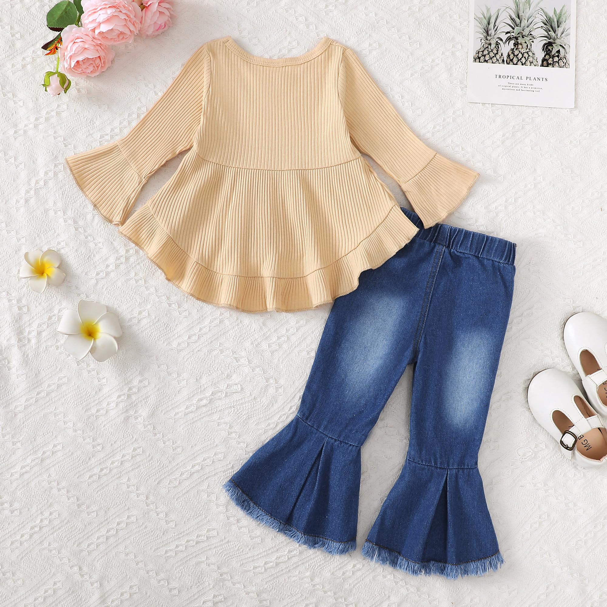 Cute Toddler Baby Girls Outfit - Long Sleeve Shirt & Flare Denim Jeans Set for Fall Winter | Casual Playdate & Family Photo Outfits