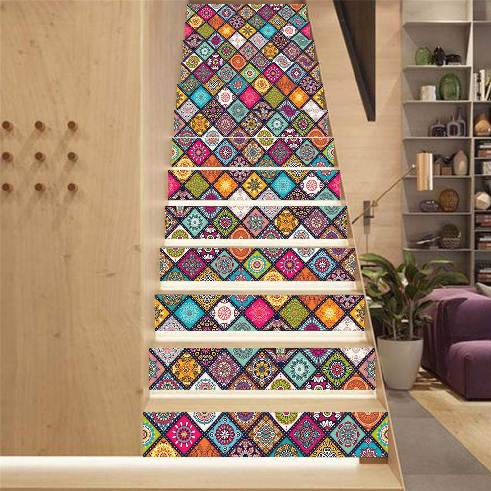 13-Piece 3D Stair Stickers Set - Waterproof Self-Adhesive Vinyl Stair Riser Decals for DIY Home Decor - Colorful Geometric Design (39.3