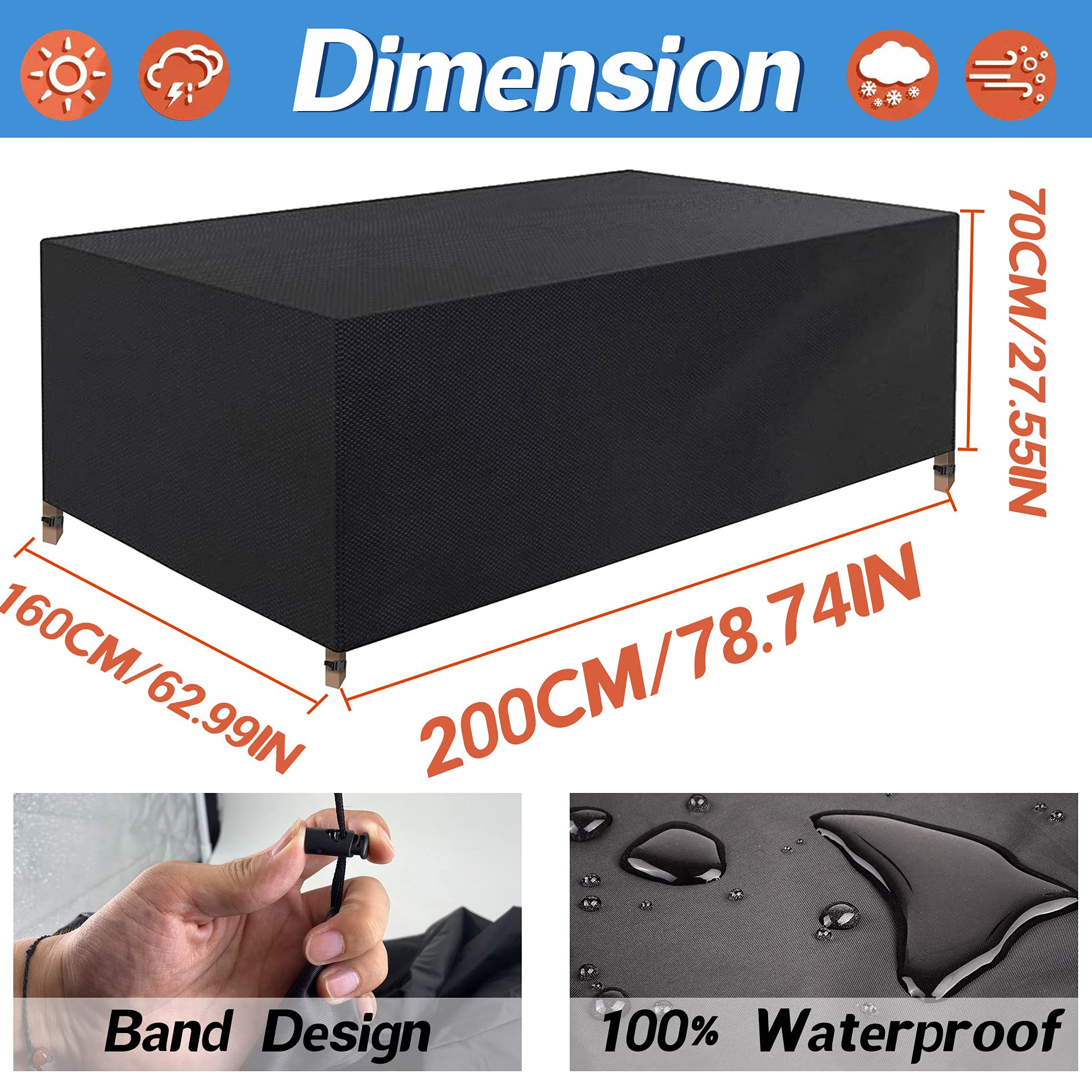 Diymood Waterproof Outdoor Patio Furniture Covers - Rectangle Garden Furniture Protector for Table, Chair & Sofa - UV Resistant, Windproof, Rain & Snow Proof (200x160x70cm/78.7x63x27.5in Black) - Perfect for Backyard, Lawn & Poolside Protection