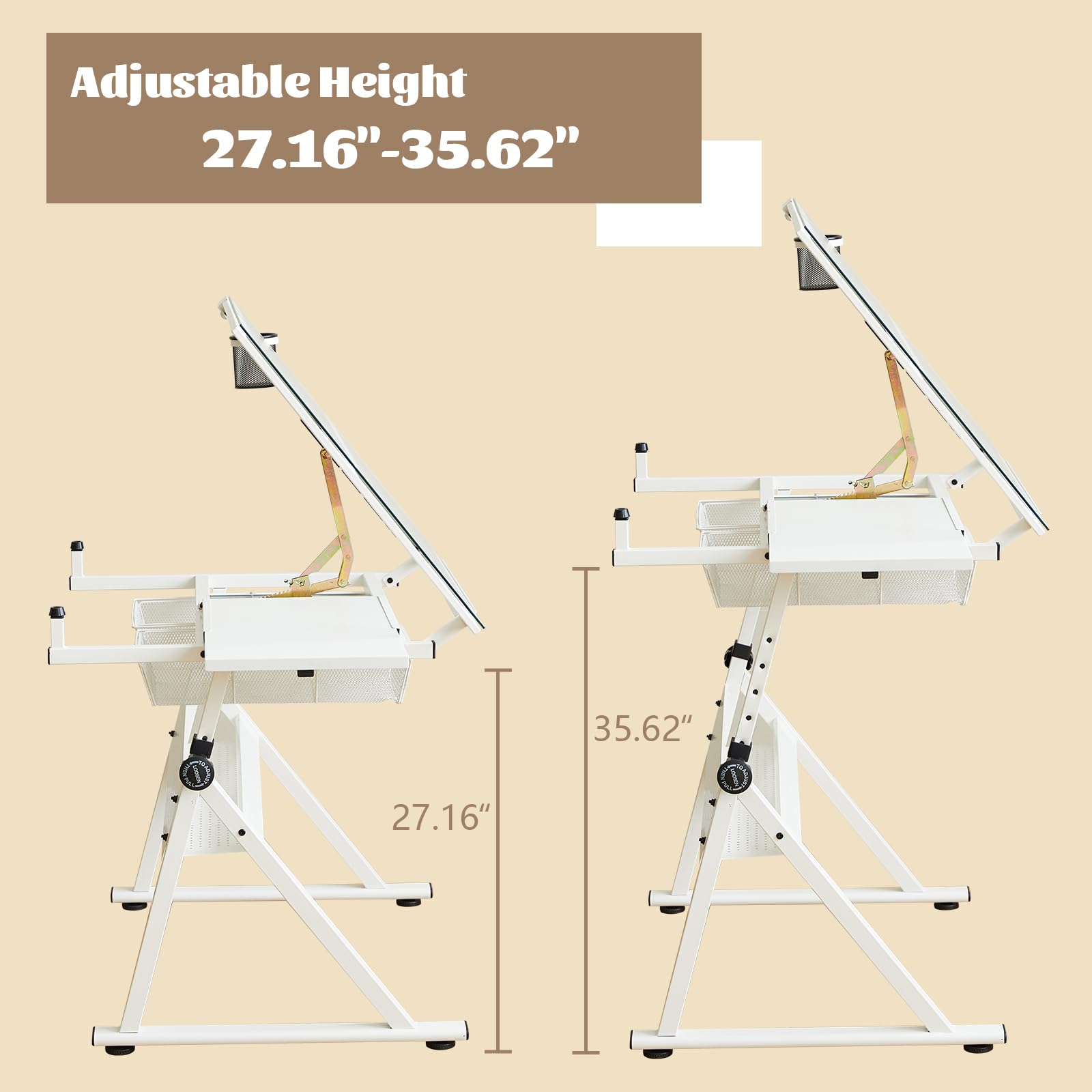 Adjustable Drafting Table with Stool - Tilting Tempered Glass Top Art Desk for Painting, Drawing & Crafting - 2 Storage Drawers, Height Adjustable White Workstation (Perfect for Artists, Architects & Hobbyists)