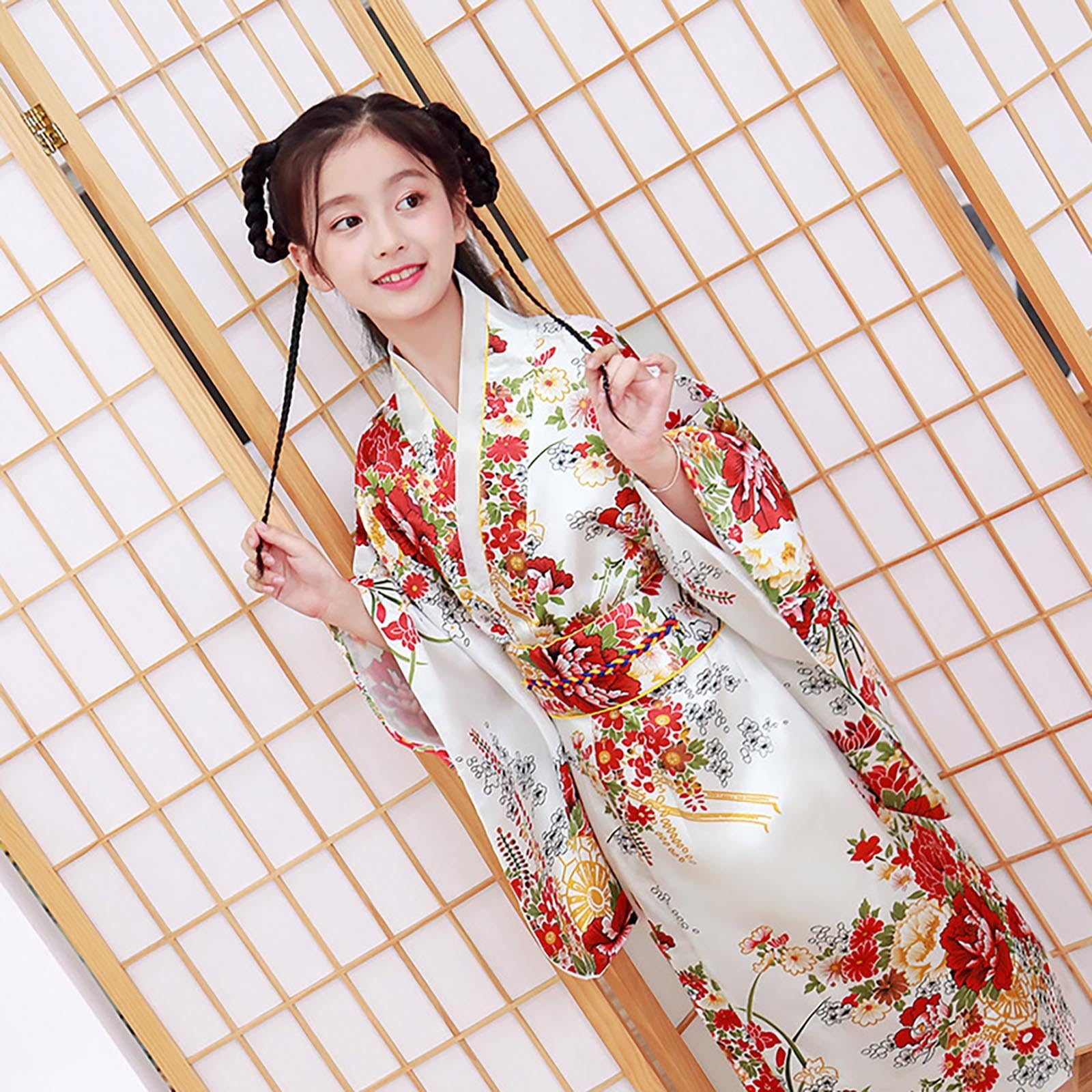 Japanese Traditional Long Sleeve Kimono Robe for Toddler Girls (White, Age 9-10) - Elegant Kids Kimono Dress for Tea Ceremonies, Cultural Events & Special Occasions