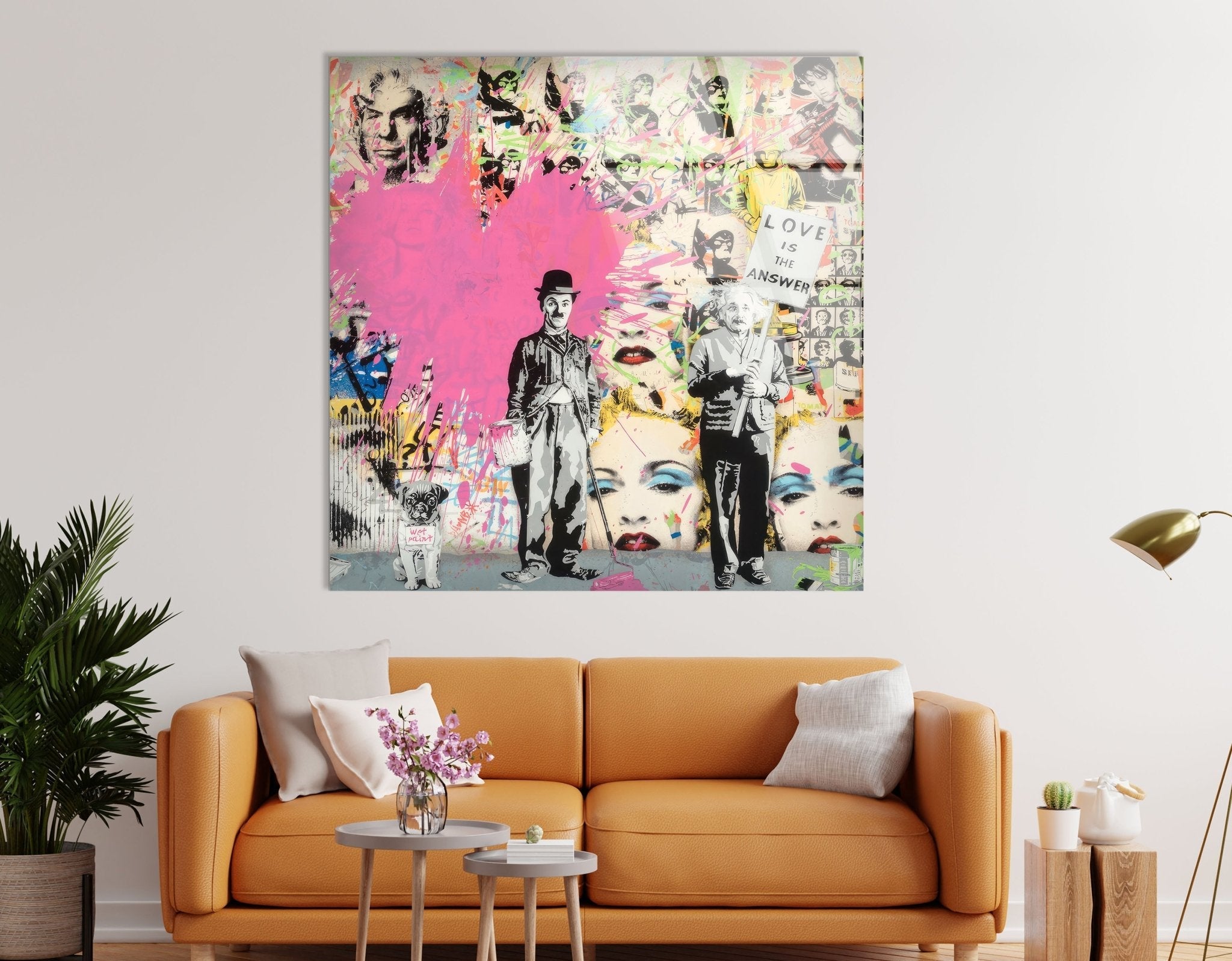 Banksy Charlie Chaplin Street Art Glass Wall Decor - Modern Urban Home & Office Artwork for Living Room, Bedroom, or Office