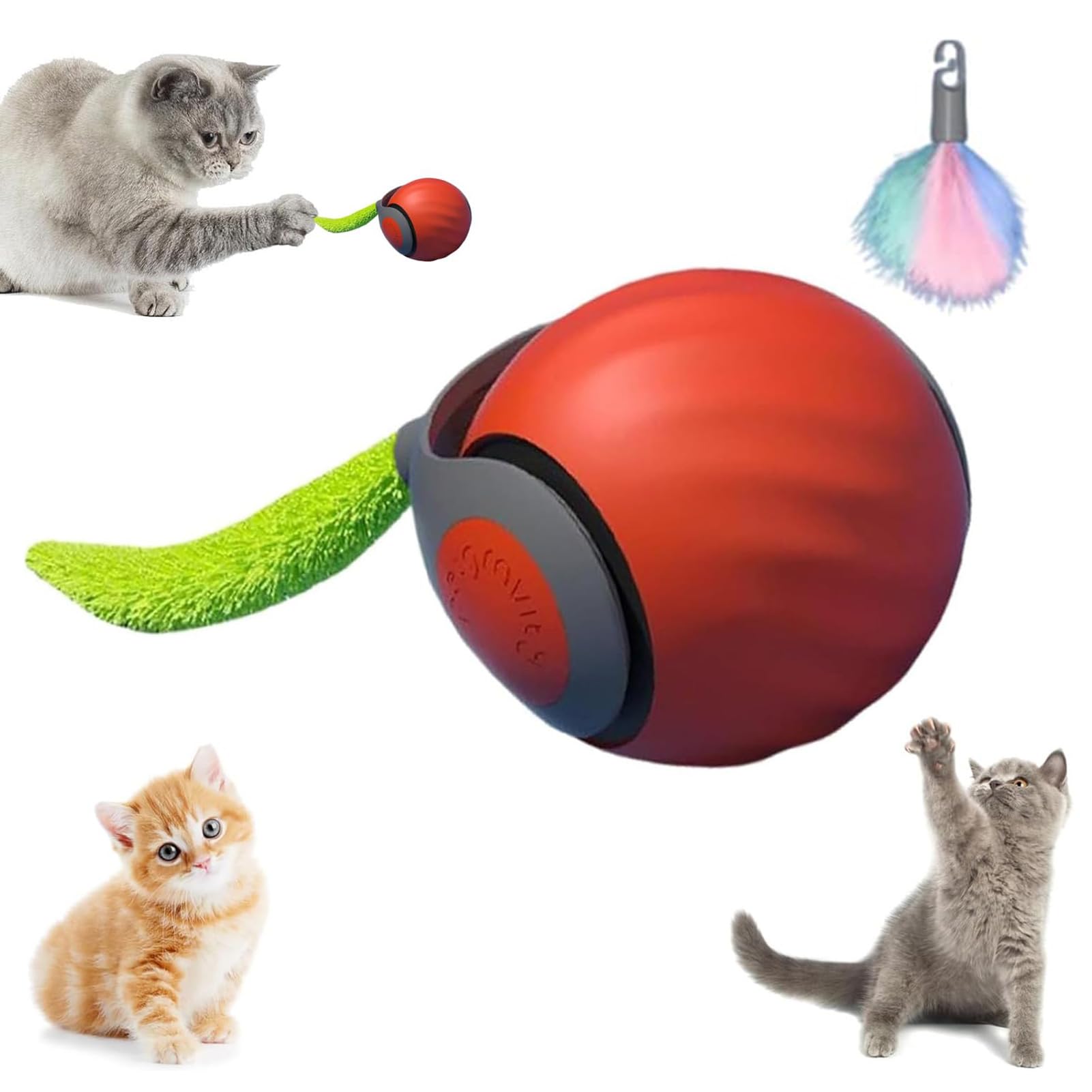 Speedy Tail 2.0 Interactive Cat Toy - Automatic Moving Ball with USB Rechargeable Battery & 2 Speed Modes - Replacement Tail Included (Red) - Best for Indoor Cats Play & Exercise - Perfect for Boredom Relief & Energy Burning