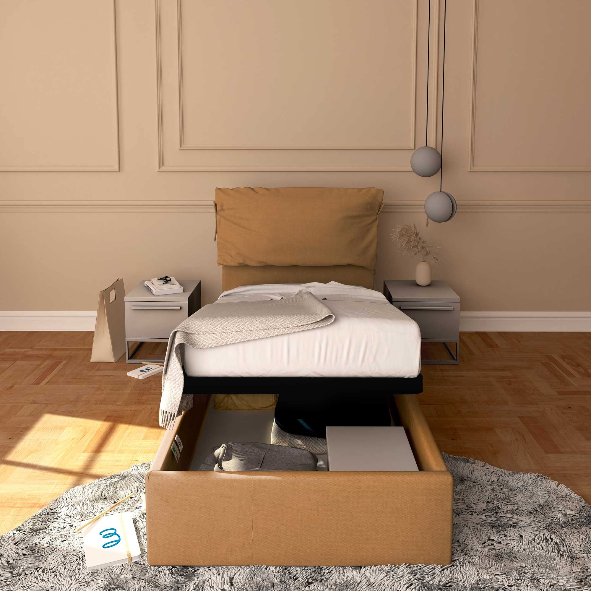 Baldiflex Licia Soft Single Bed Frame with Storage, Synthetic Leather Upholstery, Slatted Base for Single Mattress, 90 x 190 cm, Extra Padded Headboard, Light Brown - Perfect for Small Bedrooms, Guest Rooms & Studio Apartments