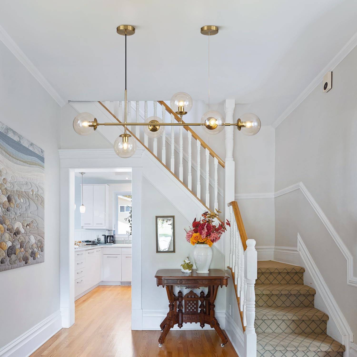 KCO Lighting 6-Light Amber Glass Linear Chandelier - Gold Brass Pendant Light Fixture for Kitchen Island & Dining Room | Modern Sputnik Ceiling Lighting for Home Decor